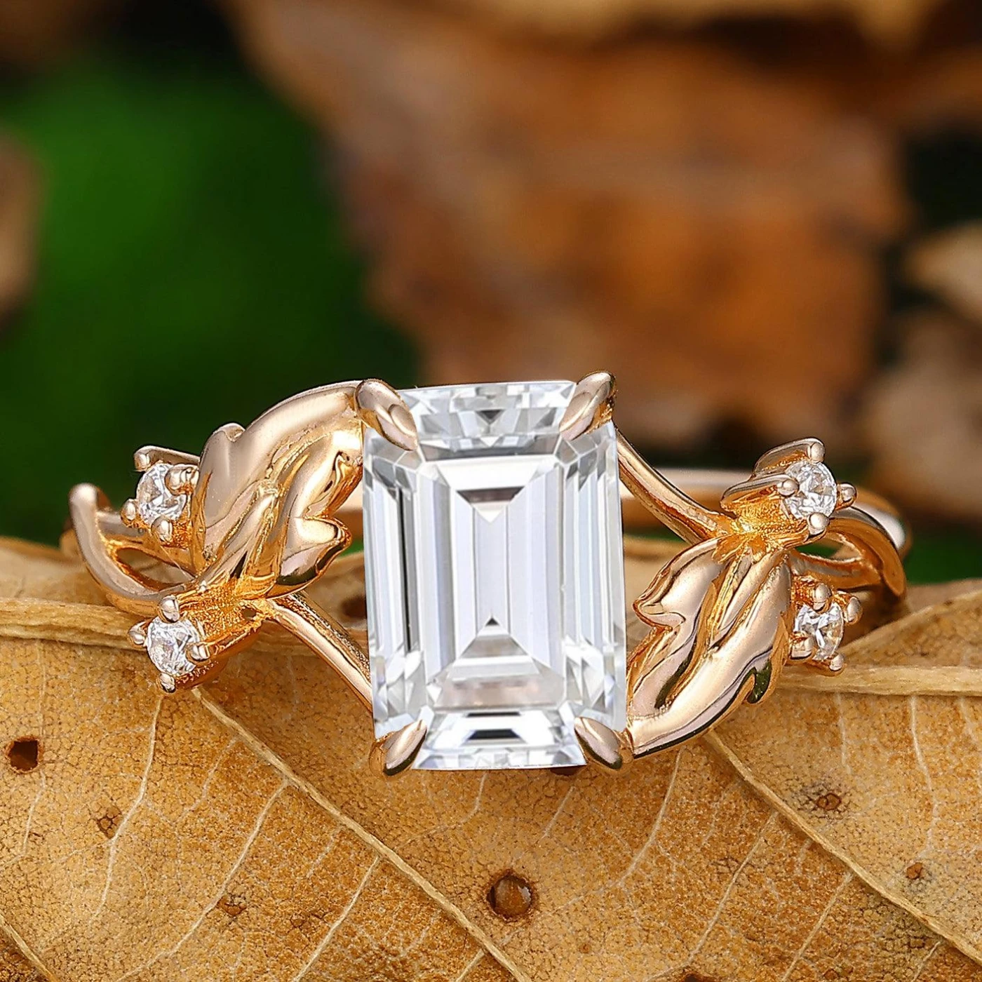 2.50CT Emerald Cut Ring Leaf Design Ring Split Shank