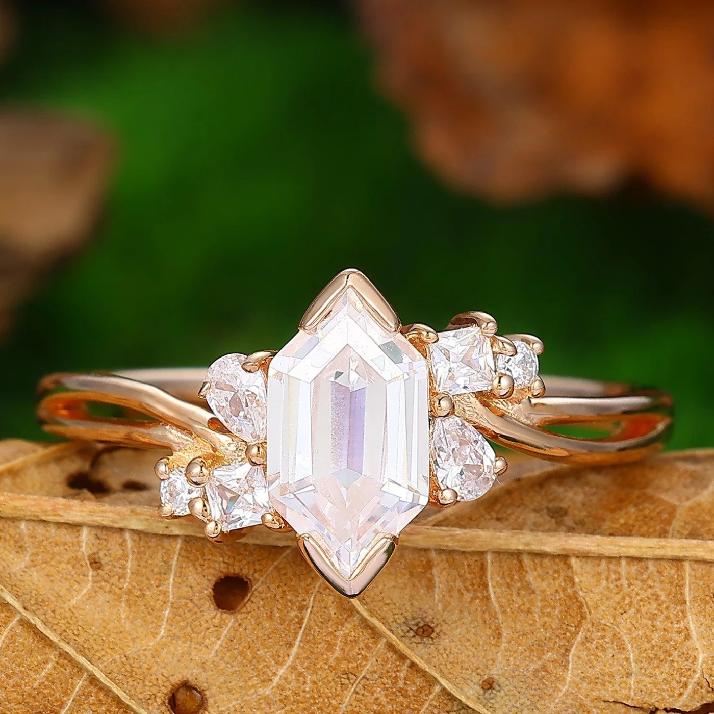 1.1CT Long Hexagon Cut 5*9mm Bypass Shank Ring