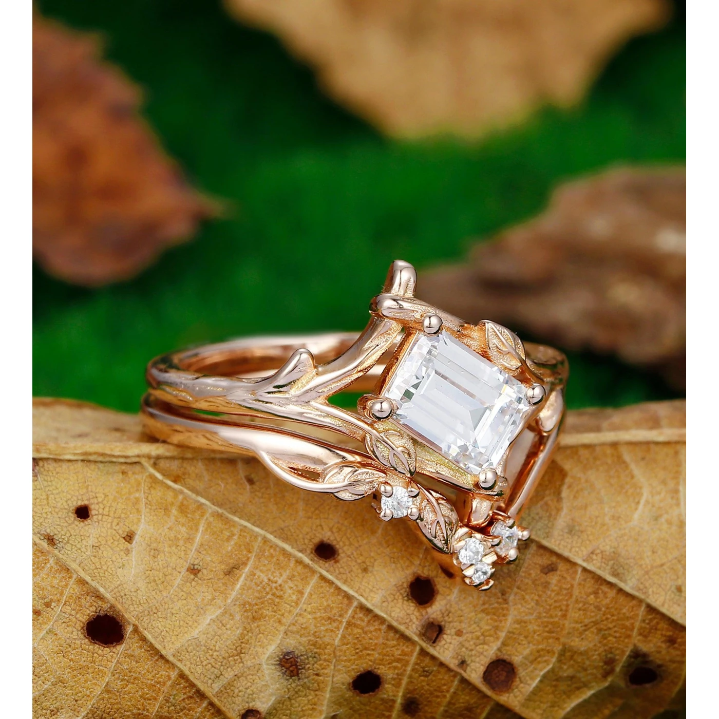 1.00CT Emerald Cut Moissanite Ring Set Unique Leaf Design Split Shank 2pcs - view 3