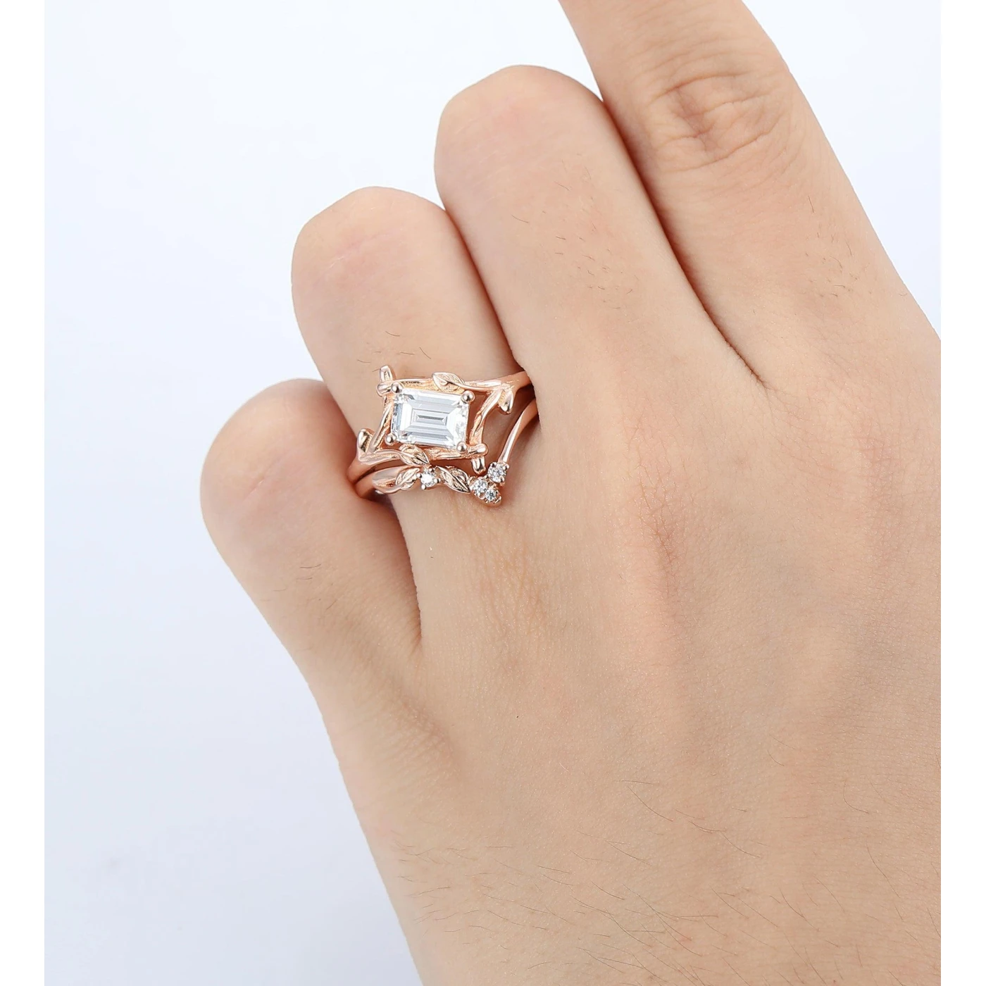 1.00CT Emerald Cut Moissanite Ring Set Unique Leaf Design Split Shank 2pcs - view 6