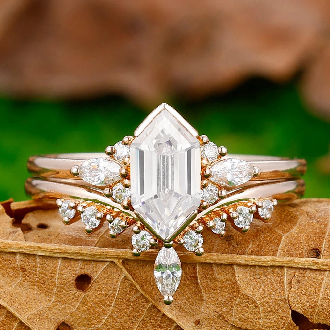 Classic 1.1CT Long Hexagon Cut Ring Set Luxury Ring Set