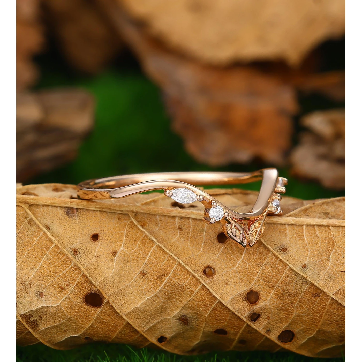 Unique Leaf Stacking Matching Ring Curved 14k Rose Gold Wedding Band - view 3