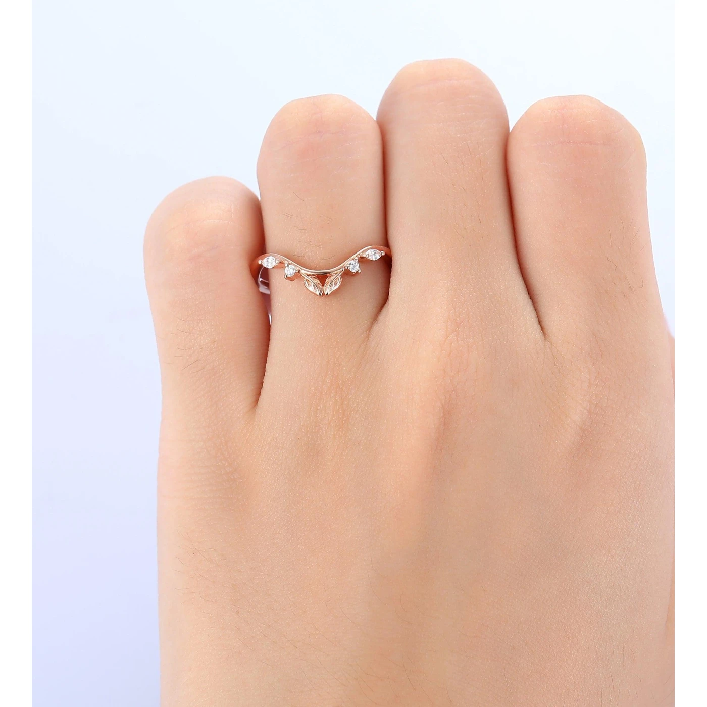 Unique Leaf Stacking Matching Ring Curved 14k Rose Gold Wedding Band - view 6