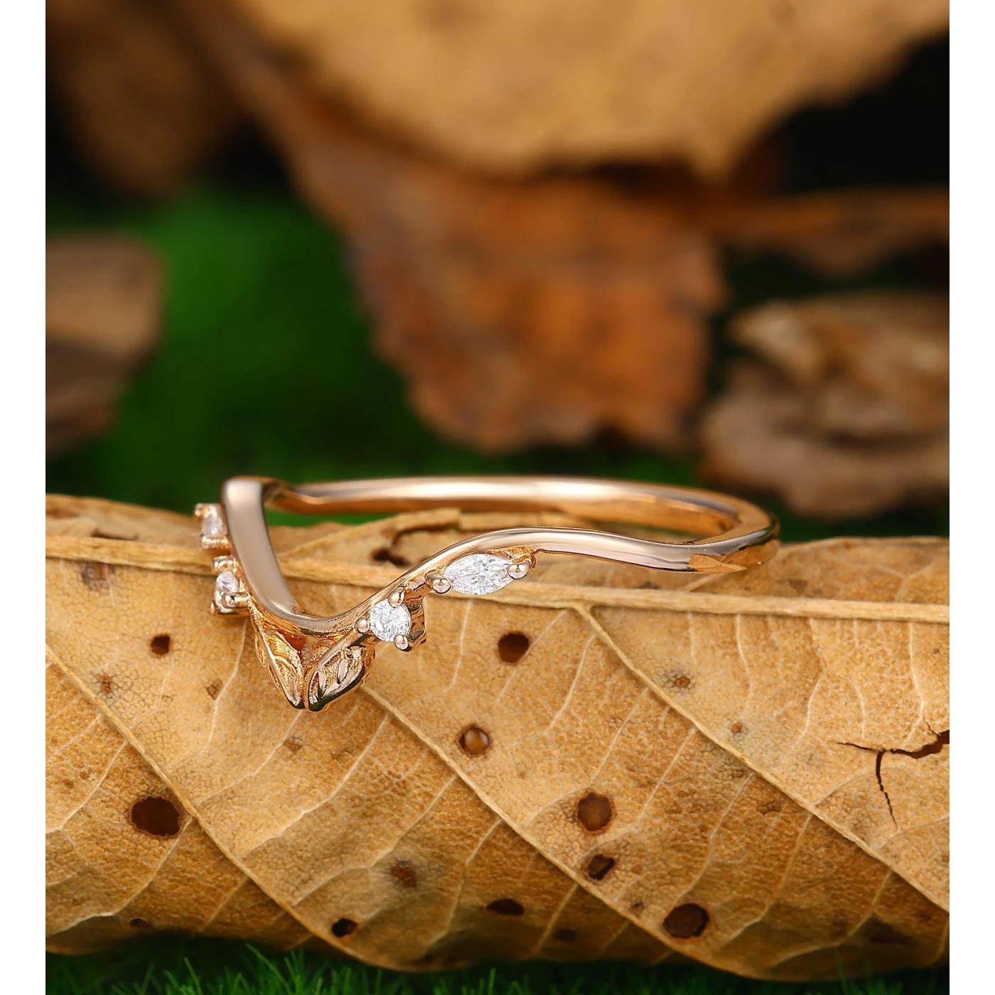 Unique Leaf Stacking Matching Ring Curved 14k Rose Gold Wedding Band - view 2