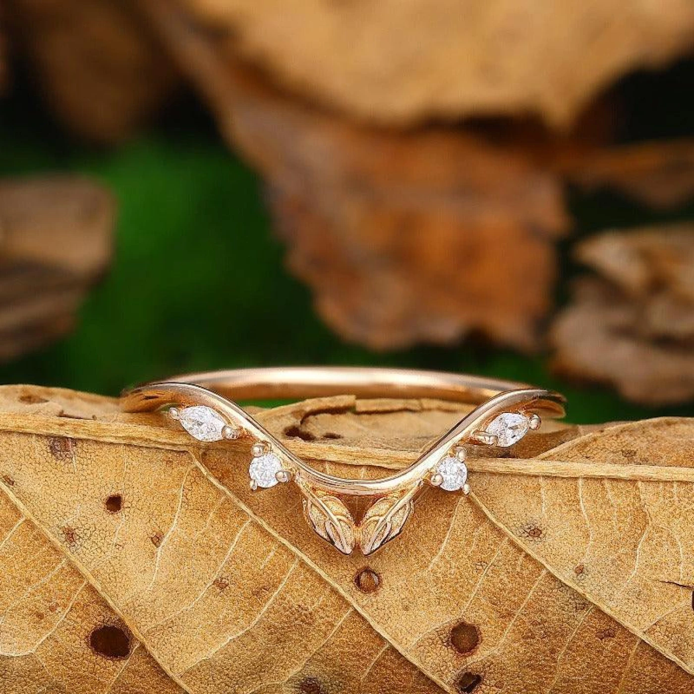 Unique Leaf Stacking Matching Ring Curved Wedding Band