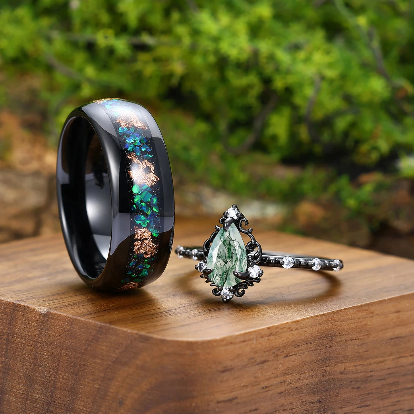 Delicate Pear Cut Scrollwork Engagement Couple Rings Matching Polished Dome Anniversary Rings - view 2
