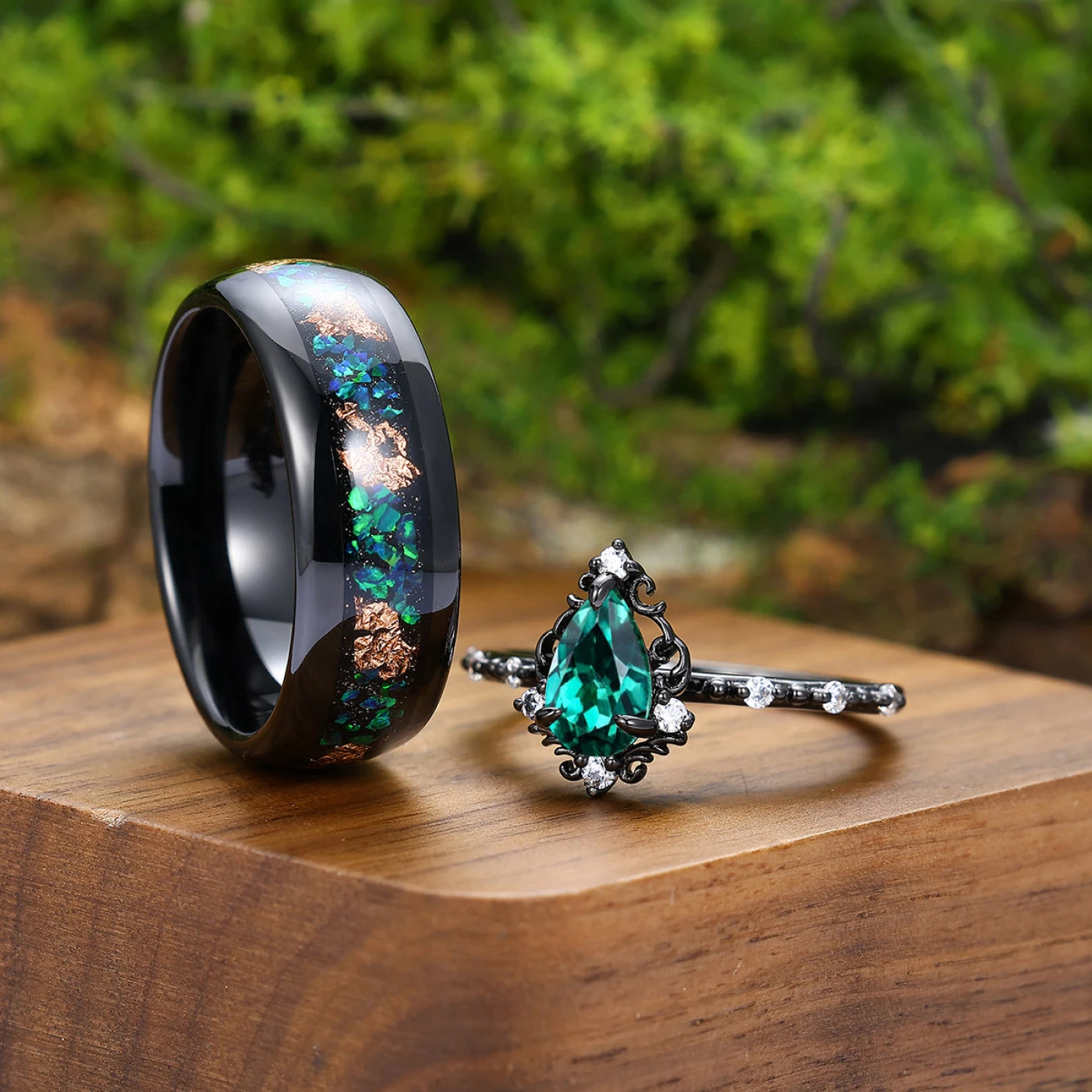 Personalized Moss Agate Milgrain Edging His And Hers Wedding Bands Promise Tungsten Couple's Set - view 2