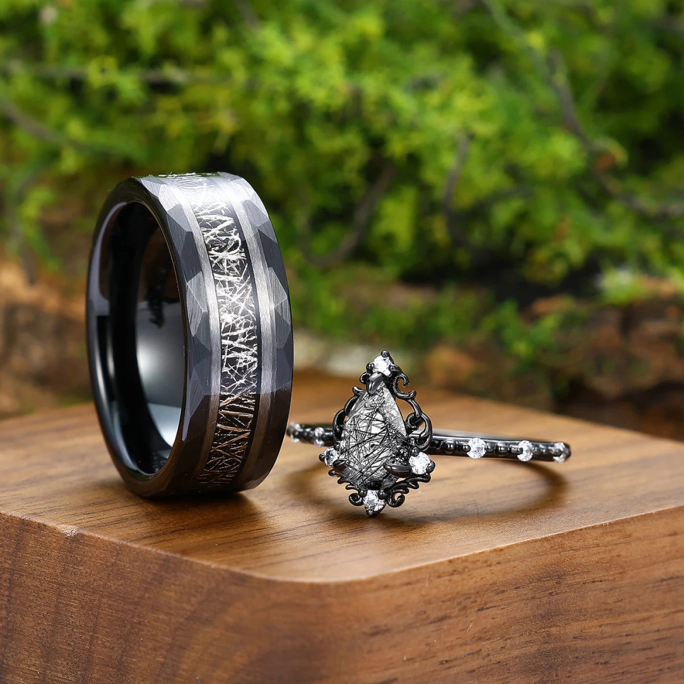 Gorgeous Black Rutilated Quartz Vines Engagement Couple Rings