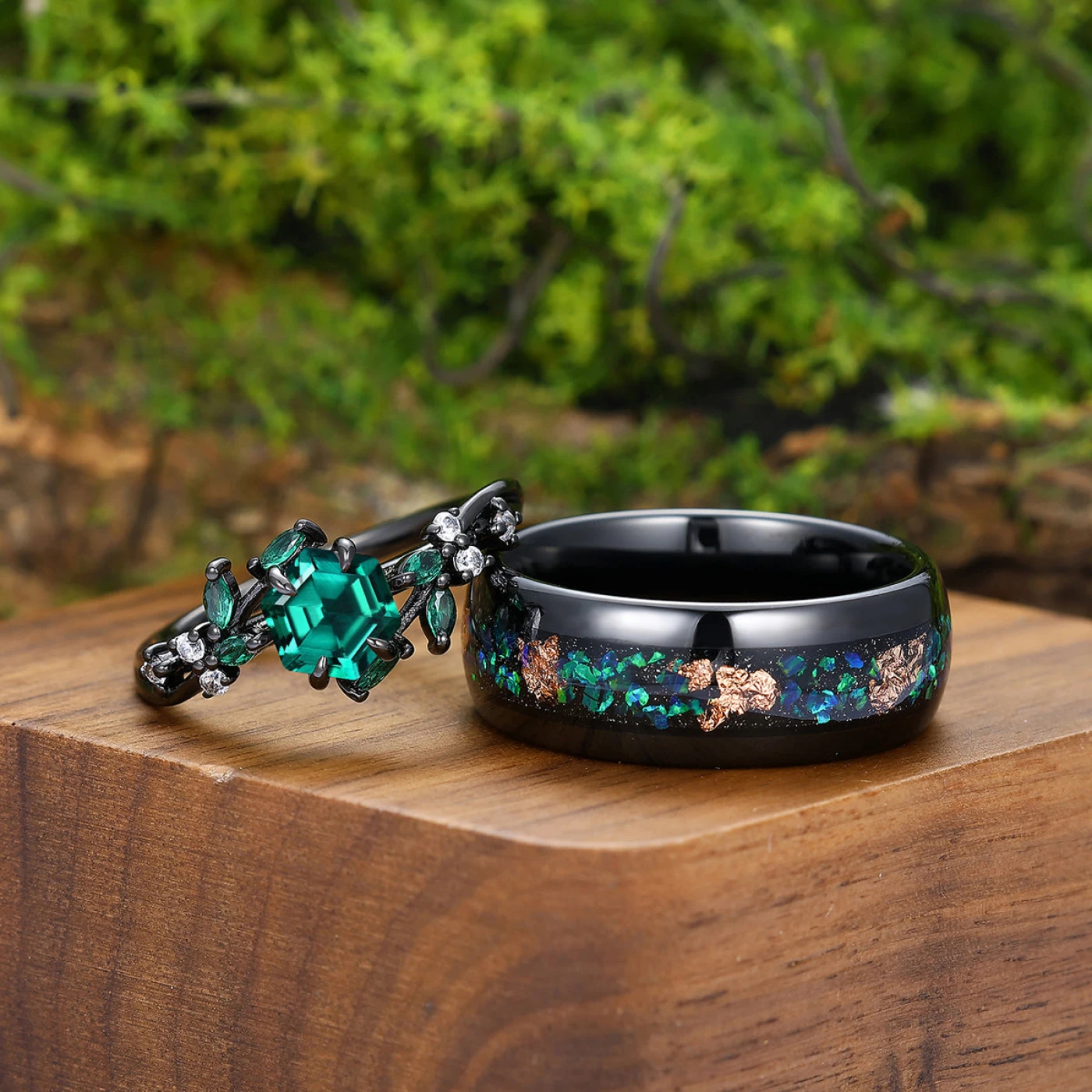 Stylish Emerald Curved Band Engagement Couple Rings Unique Wide