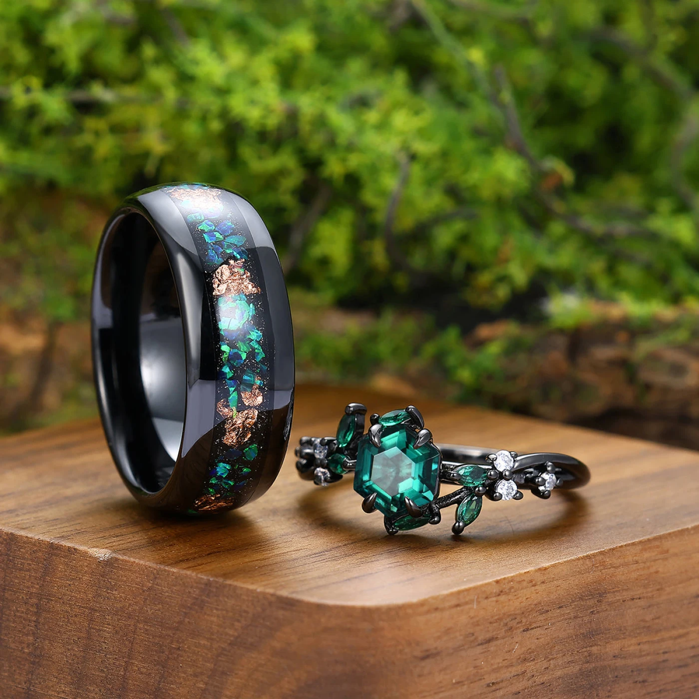 Stylish Emerald Curved Band Engagement Couple Rings Unique Wide Tungsten Birthday Anniversary Ring - view 2