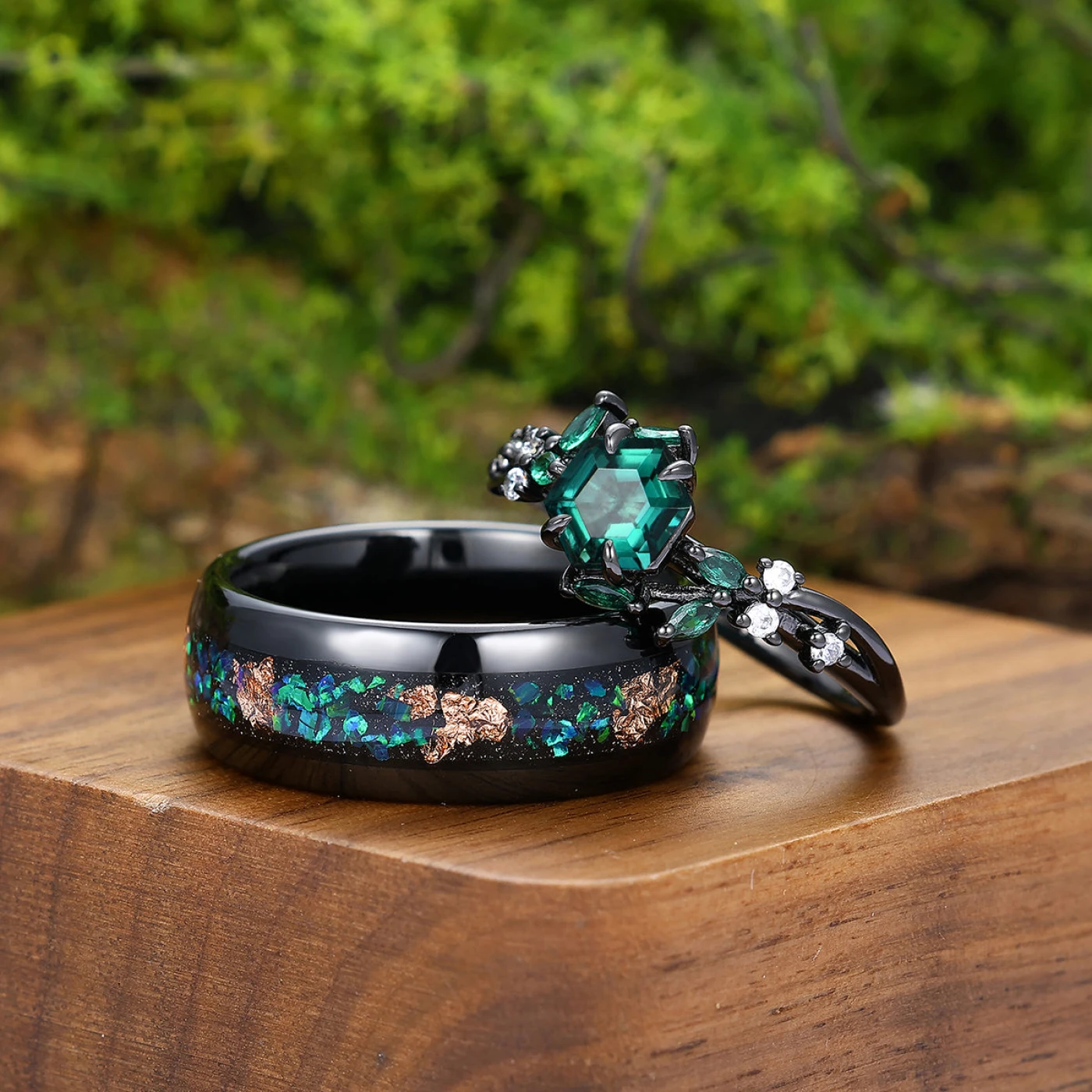 Stylish Emerald Curved Band Engagement Couple Rings Unique Wide Tungsten Birthday Anniversary Ring - view 4