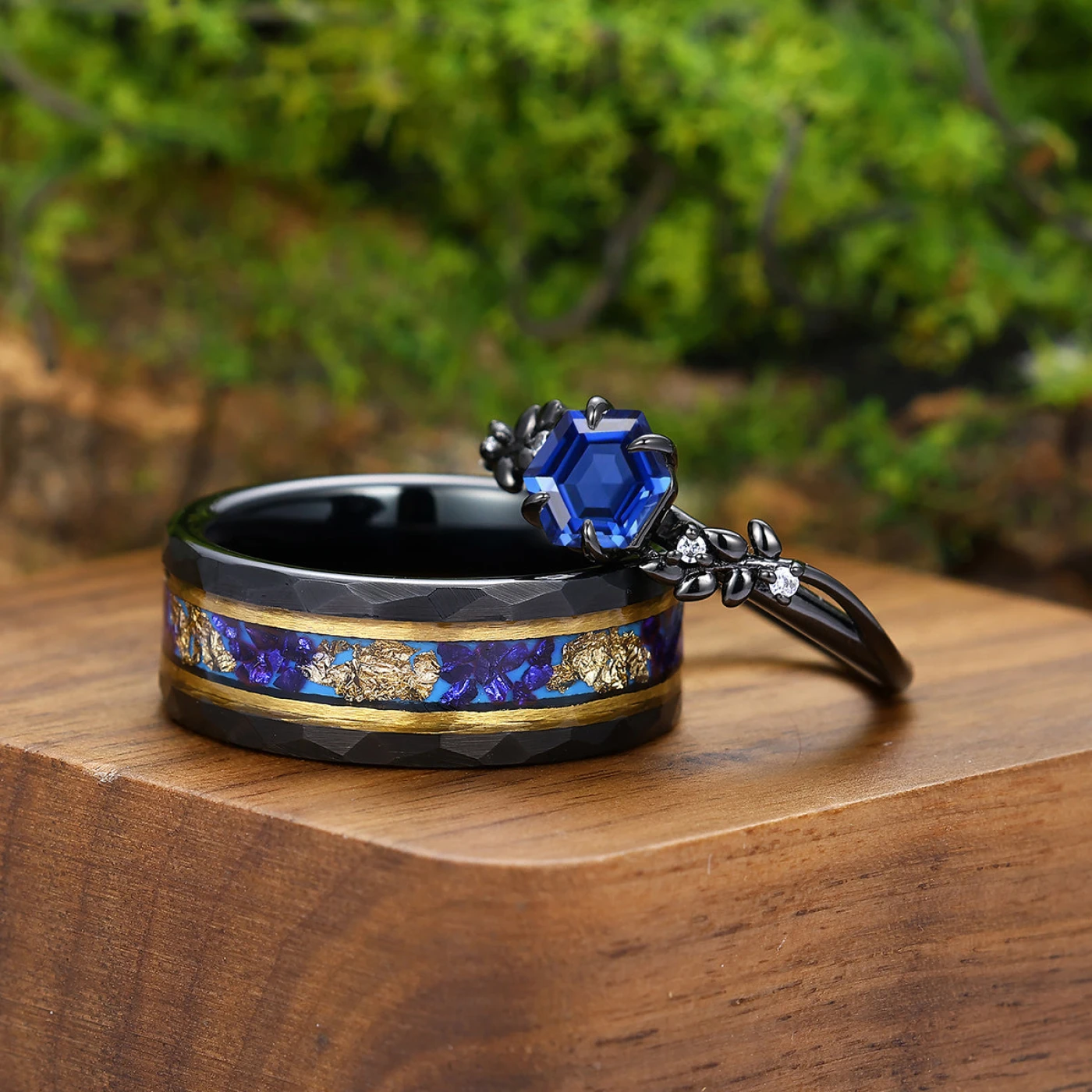 Promise Hexagon Sapphire Sprig Engagement Couple Rings Modern Blue Tungsten Birthday Couple's Set - view 3