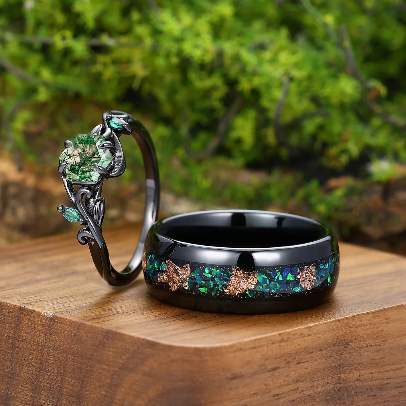 Wire Branch Design Natural Moss Agate Engagement Rings For Couples Matching Tungsten Wedding Ring - view 4