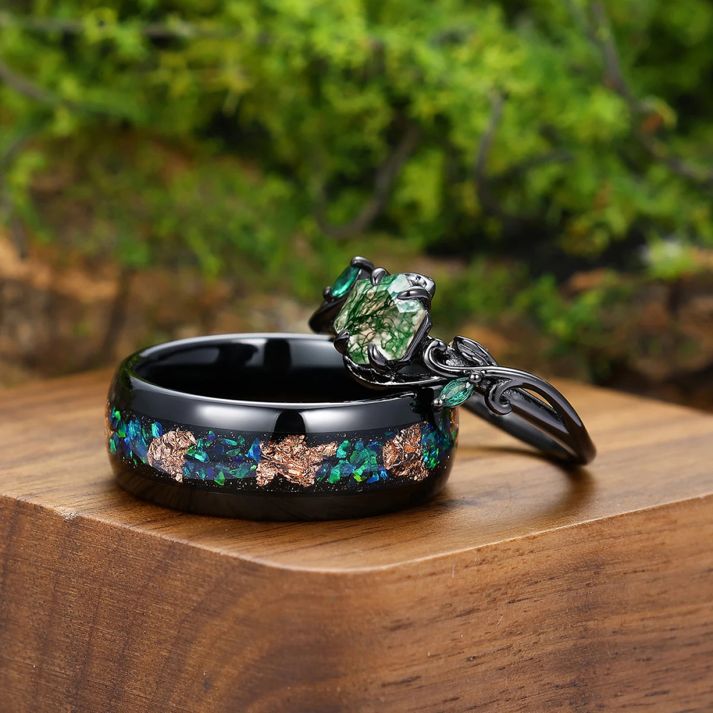 Wire Branch Design Natural Moss Agate Engagement Rings For Couples Matching Tungsten Wedding Ring - view 2