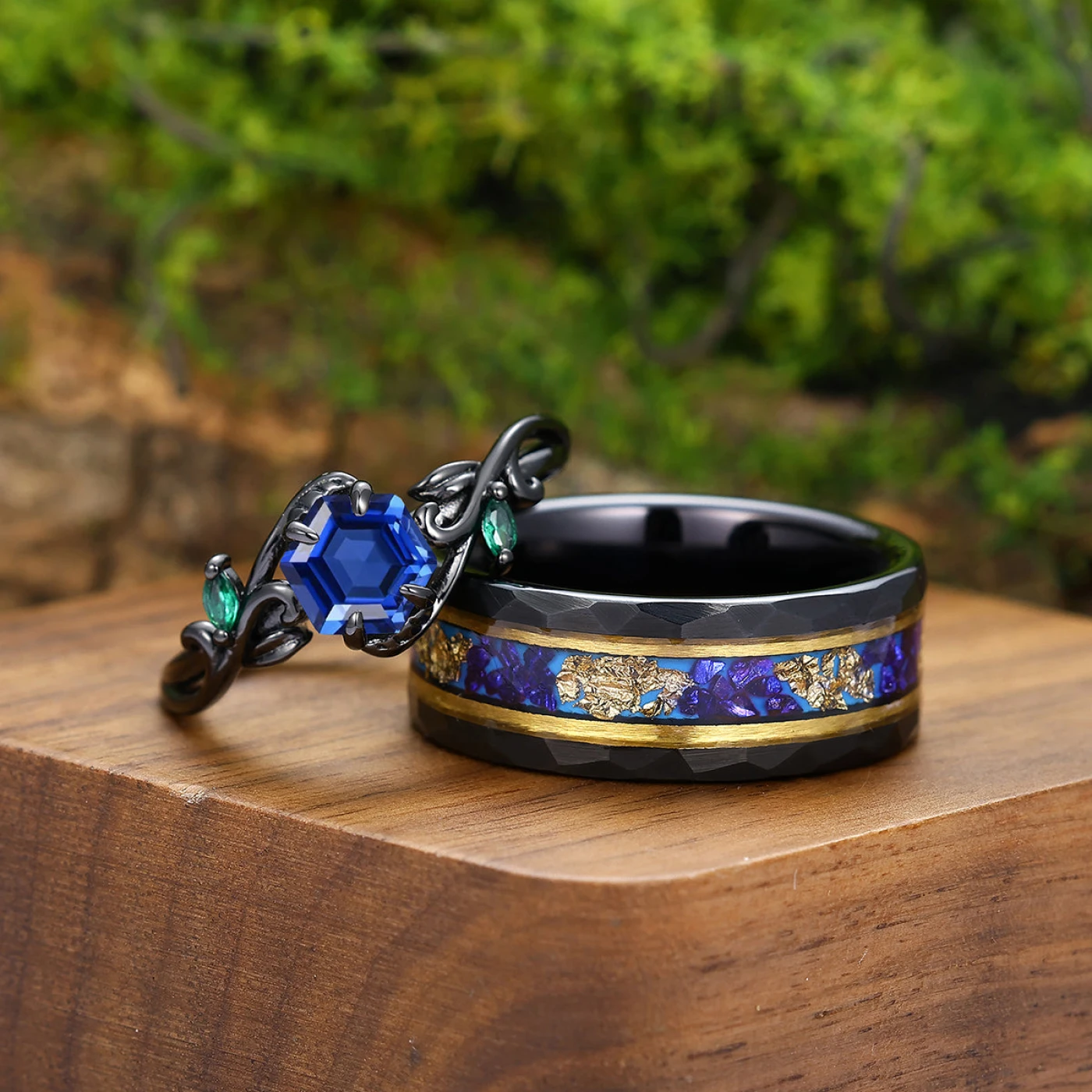 Dainty Sapphire Vines Engagement Couple Rings Matching Promise