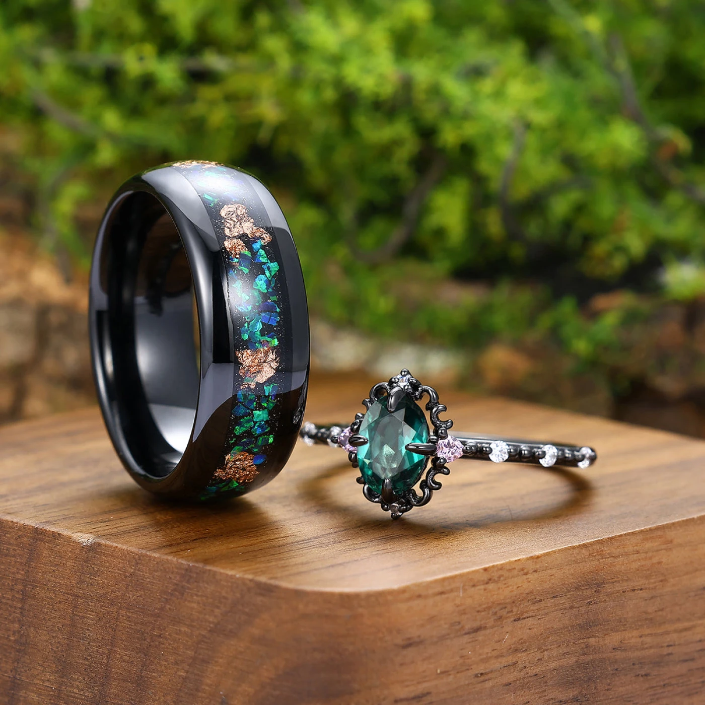Oval Cut Emerald Filigreed Engagement Couple Rings Matching