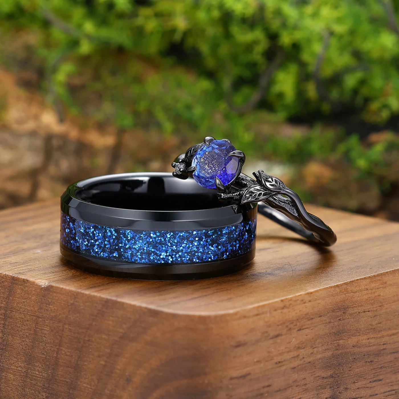 Translucent Galaxy Sandstone Entwined Branches Engagement Couple Rings S925 And Tungsten Couple's Set - view 3