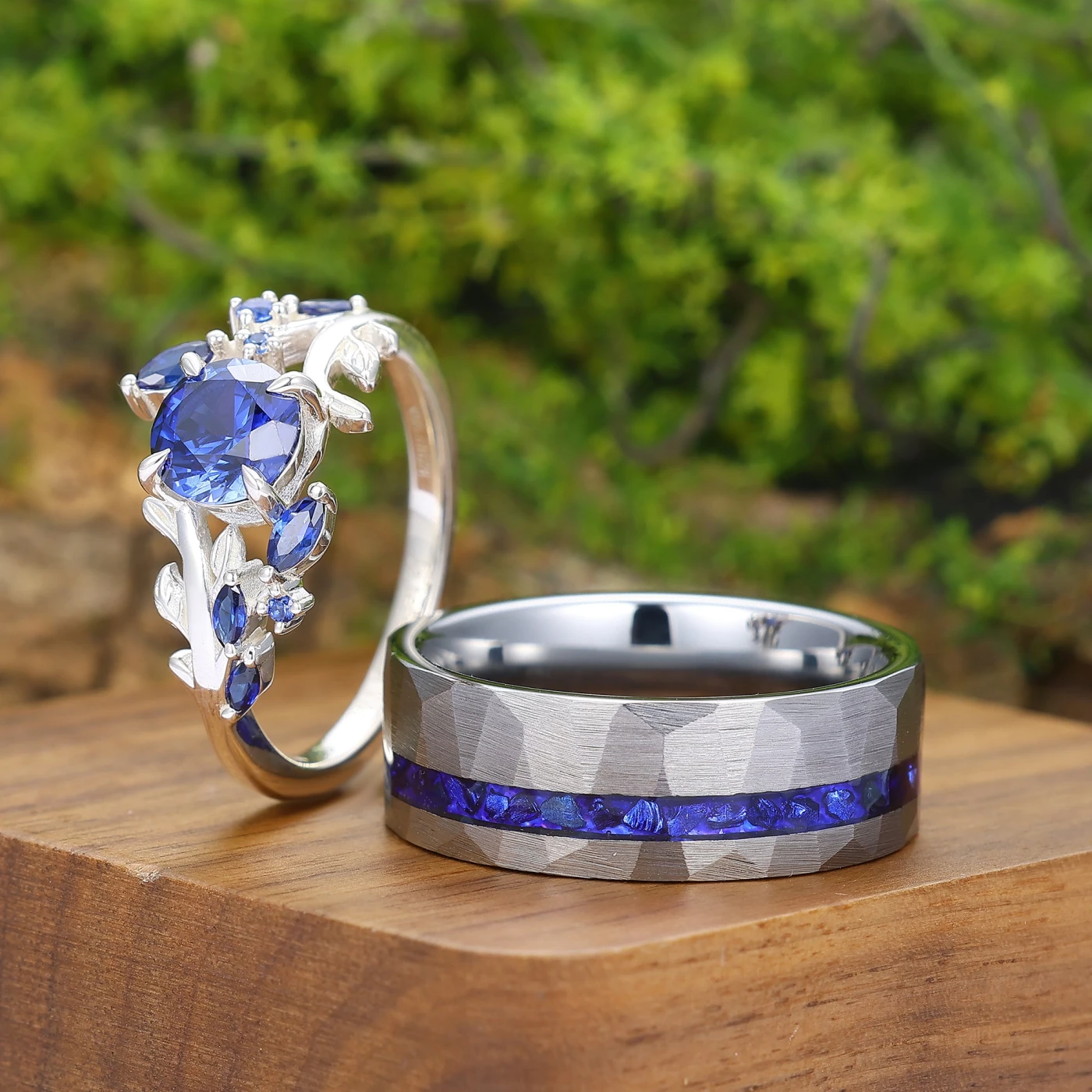 Exquisite Leaves Design Sapphire Accents Engagement Couple Rings Matching Blue Anniversary Wedding Band - view 4