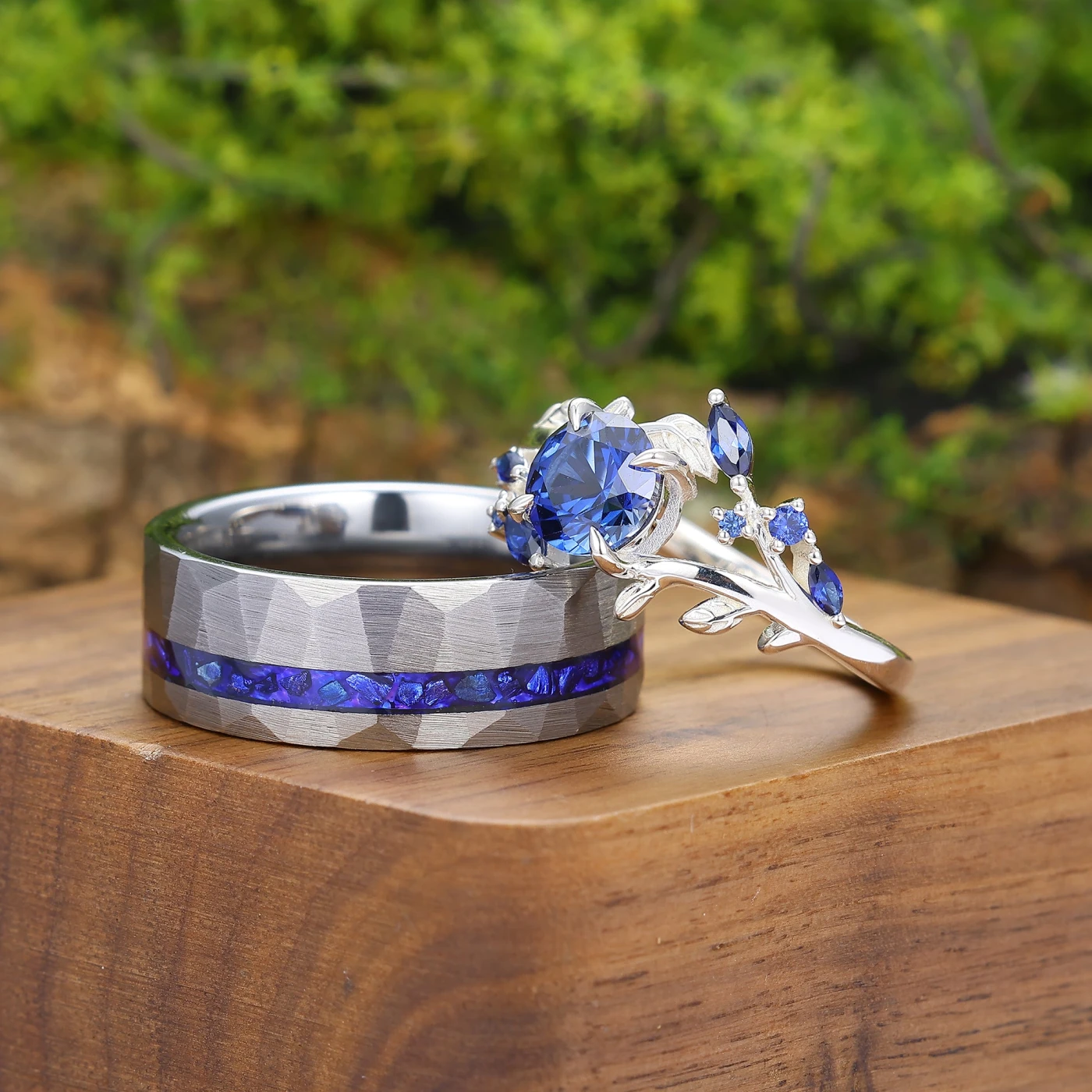 Exquisite Leaves Design Sapphire Accents Engagement Couple Rings Matching Blue Anniversary Wedding Band - view 3