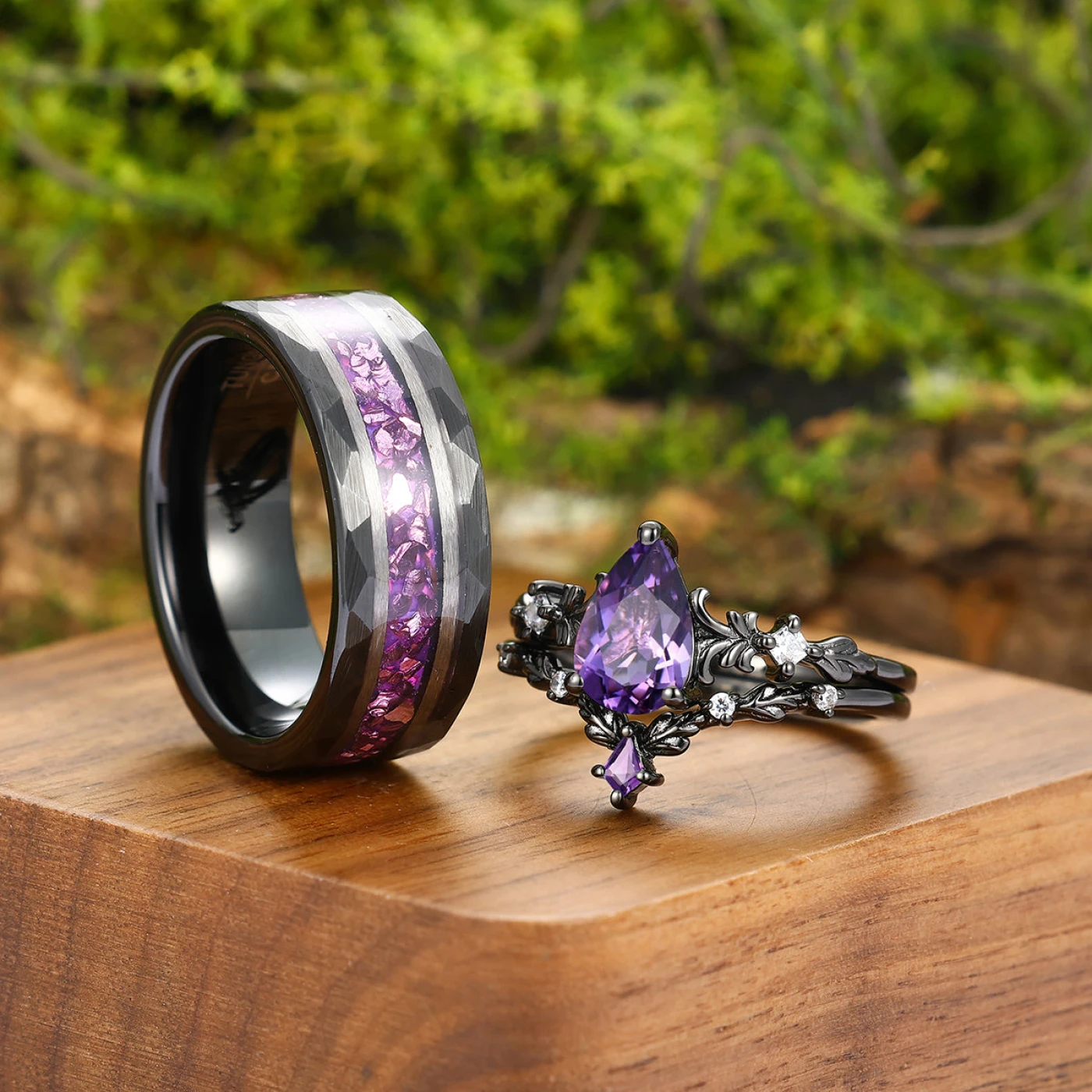 Dainty Amethyst Engraved Floral Engagement Couple Rings Set