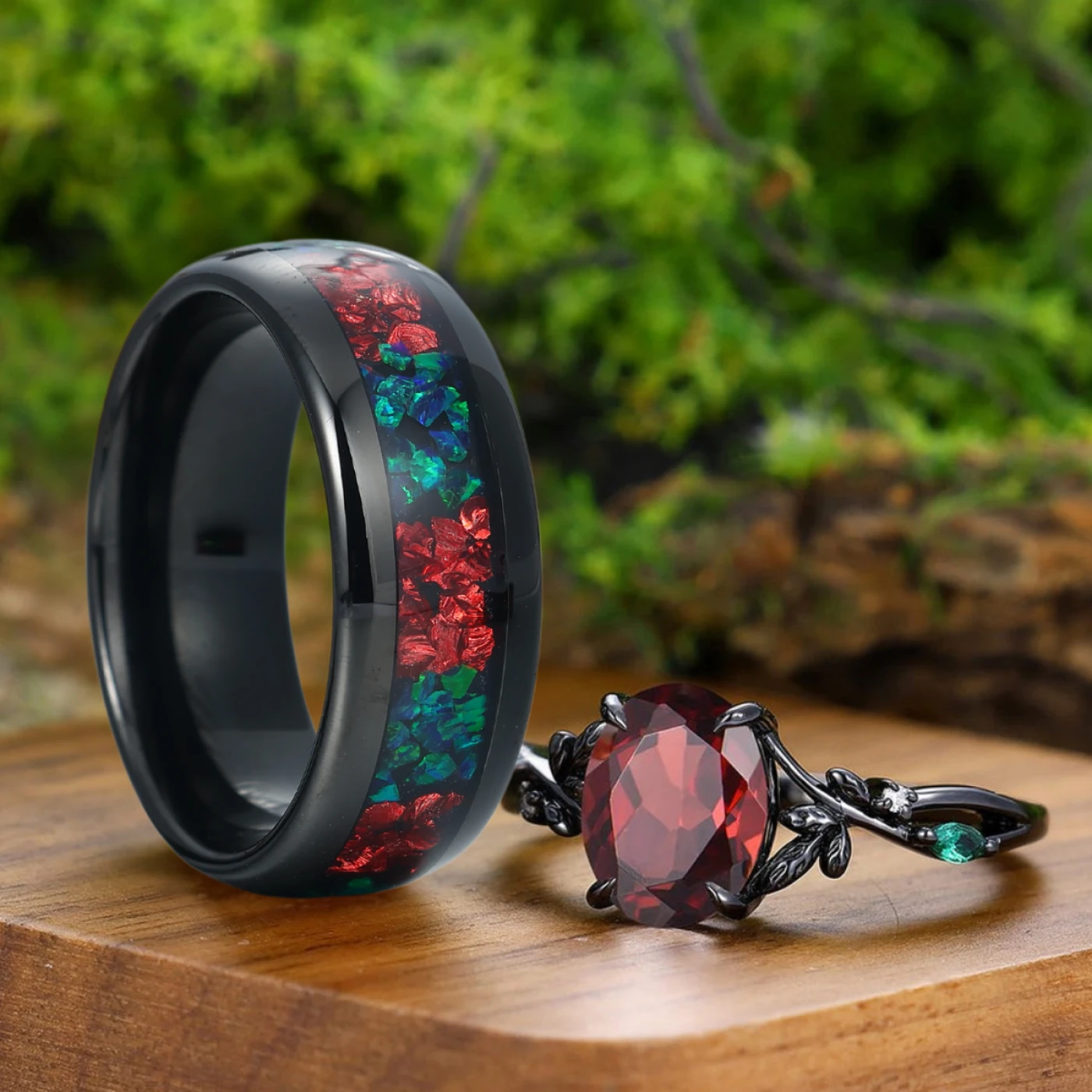 Stylish Natural Red Garnet Sprig Engagement Couple Rings Tungsten