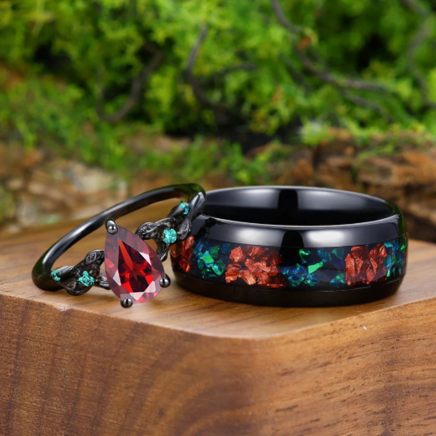 Personalized Leaf-inspired Red Garnet His And Hers Wedding Band
