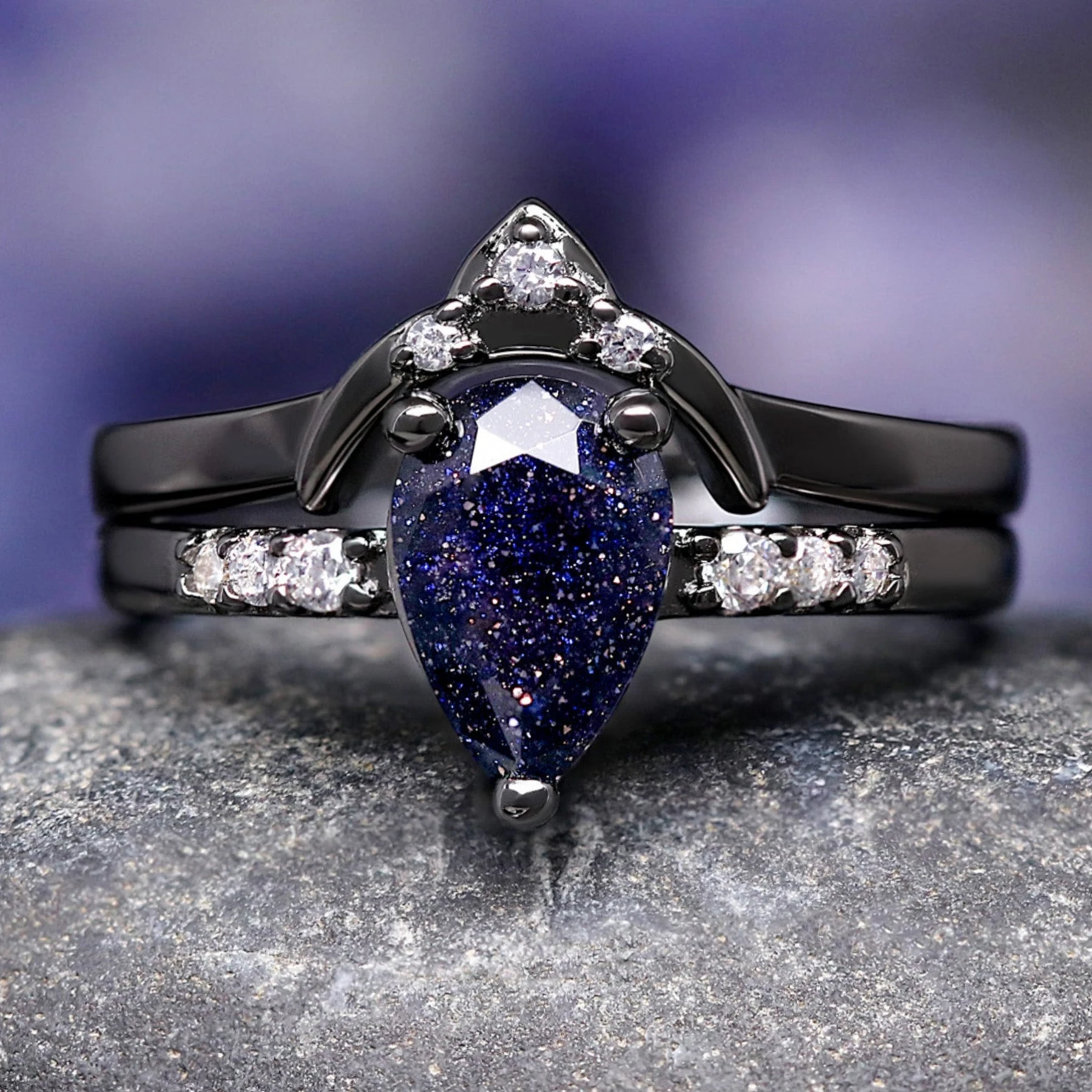 Starry Night Engagement Ring, Black Wedding Ring, 925 Sterling Silver