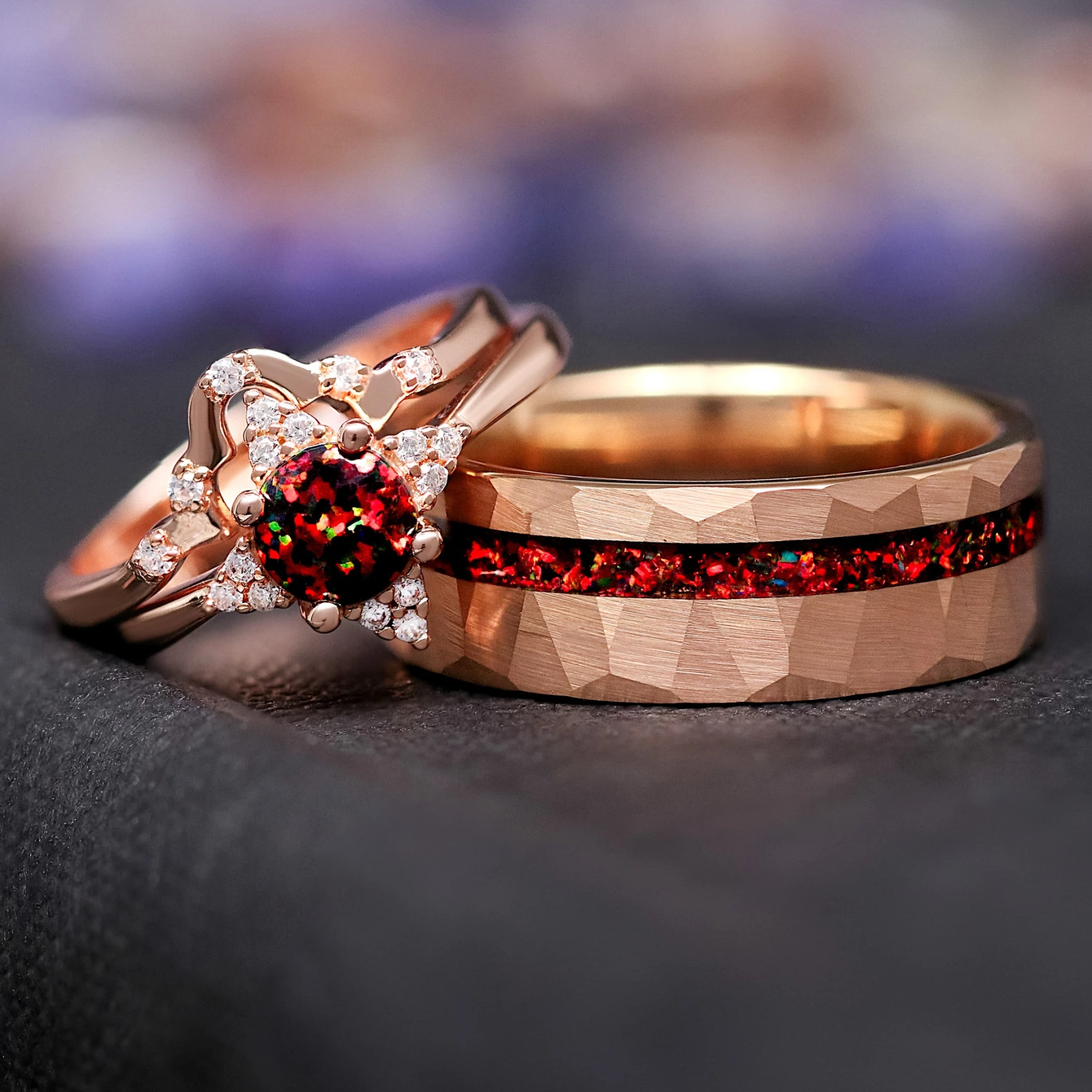 Veloura Black Opal Couples Ring in Rose Gold, His and Hers Wedding Ring Set