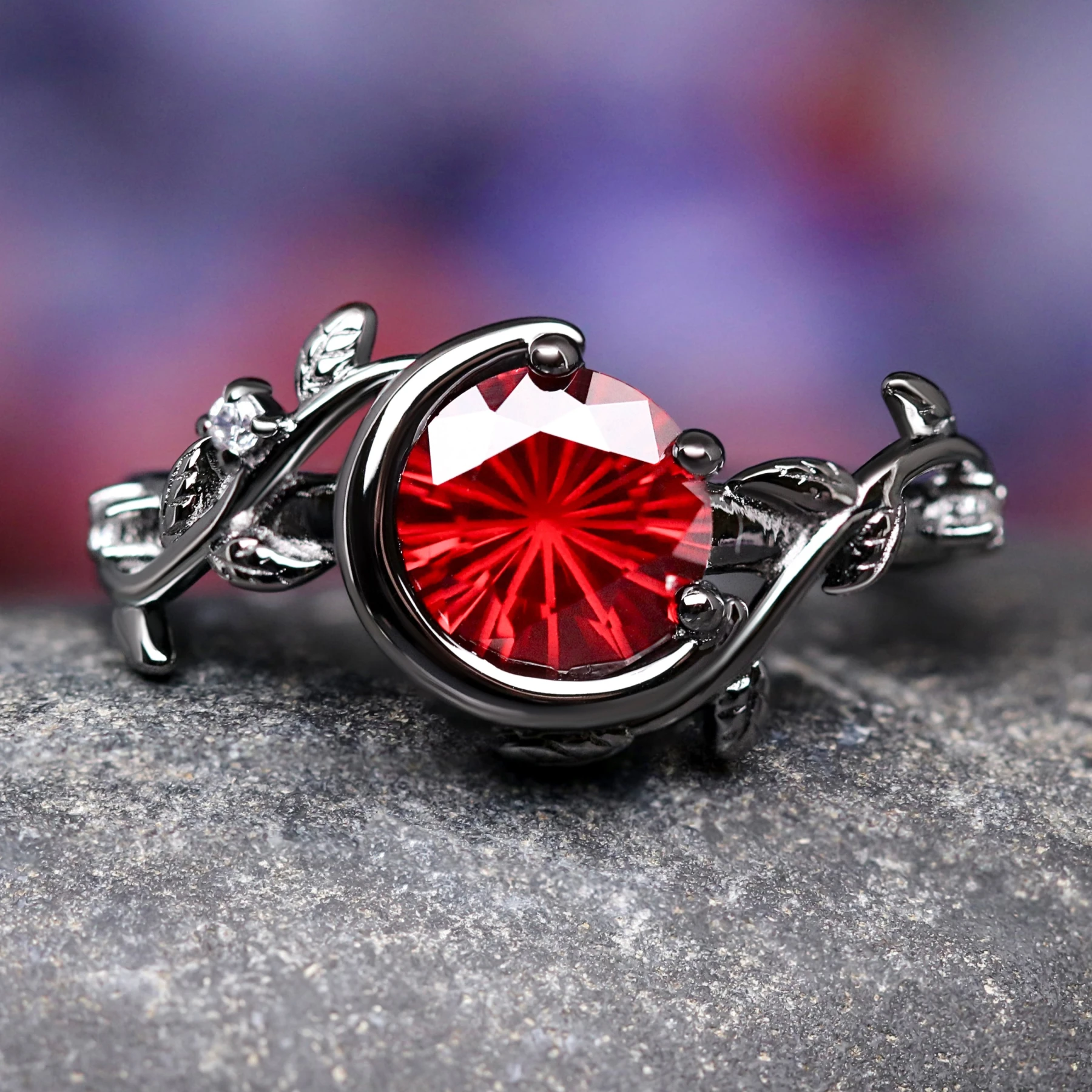 Nightleaf Crescent Moon Engagement Ring, Nature Leafy Ring, Unique Ring for Women