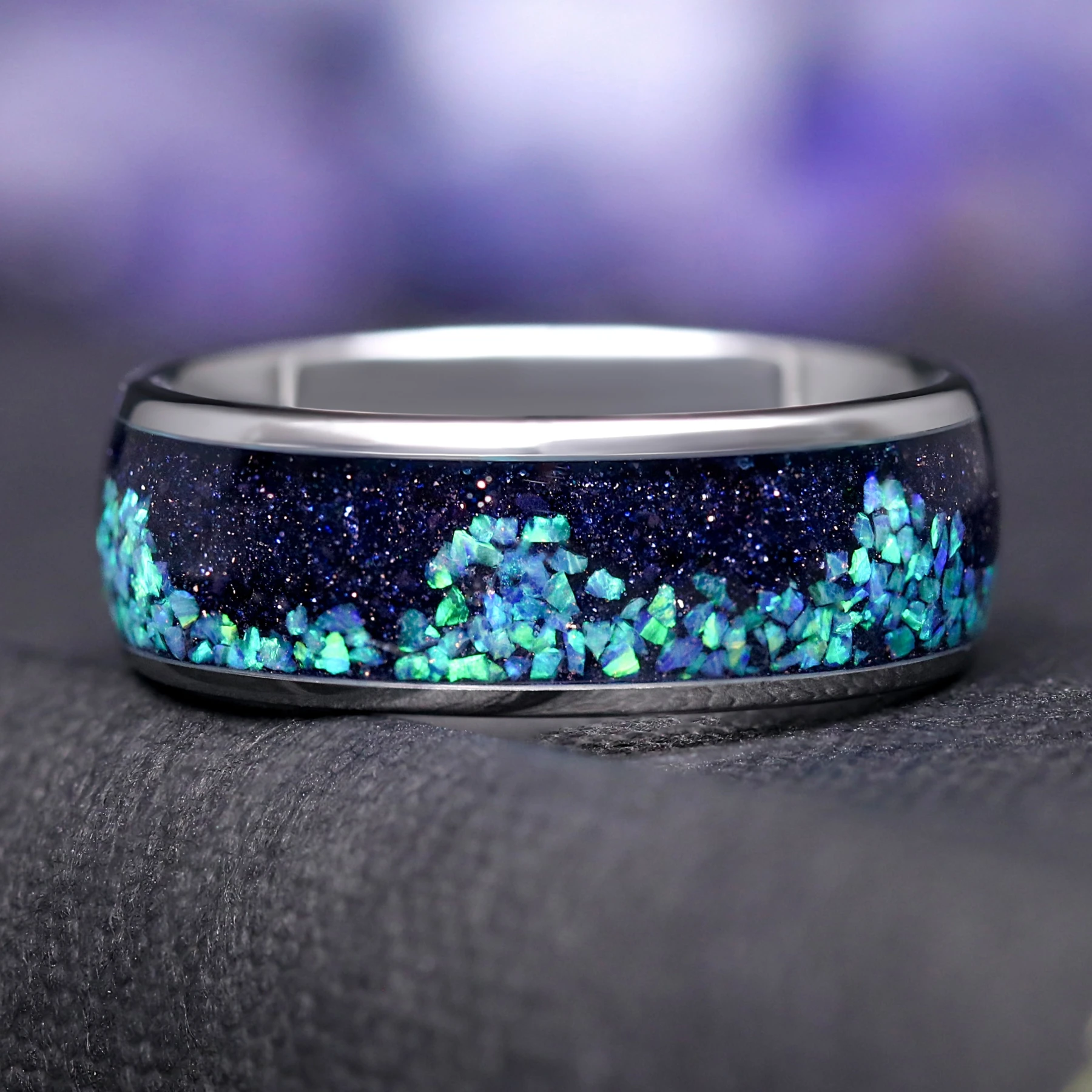 Wave Blue Opal Inlay Ring | Tungsten Mens Wedding Band 8mm
