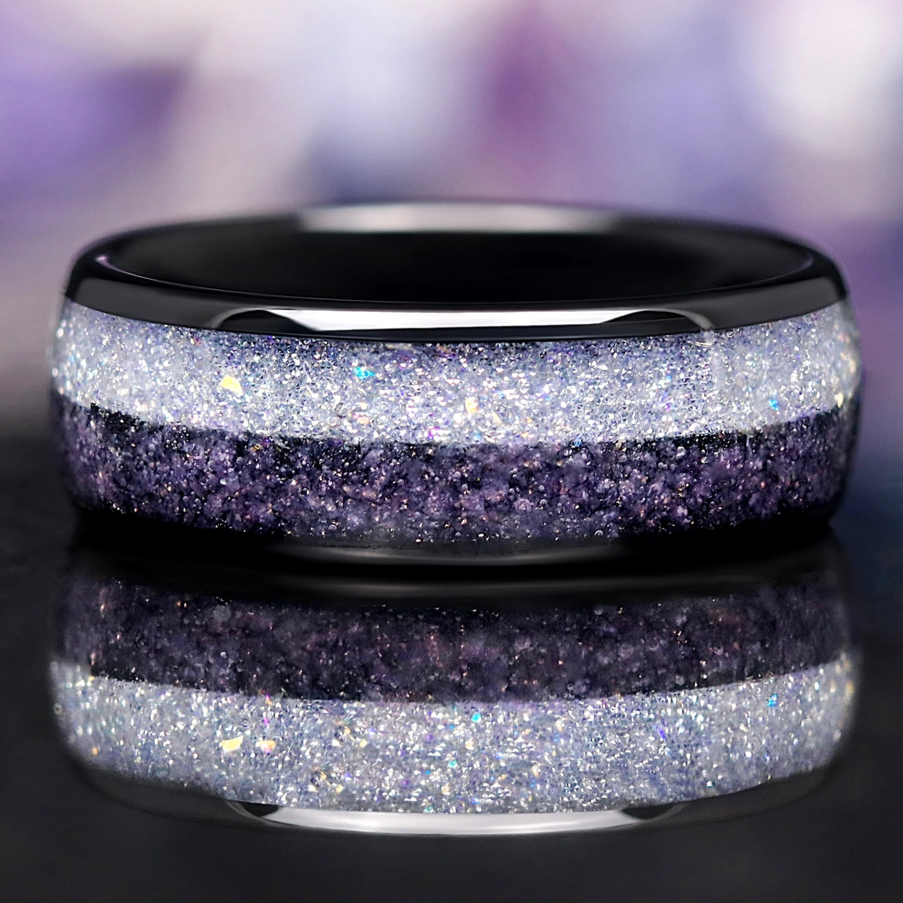 Blue Glow in the Dark Ring for Men, Moonstone Black Tungsten Ring