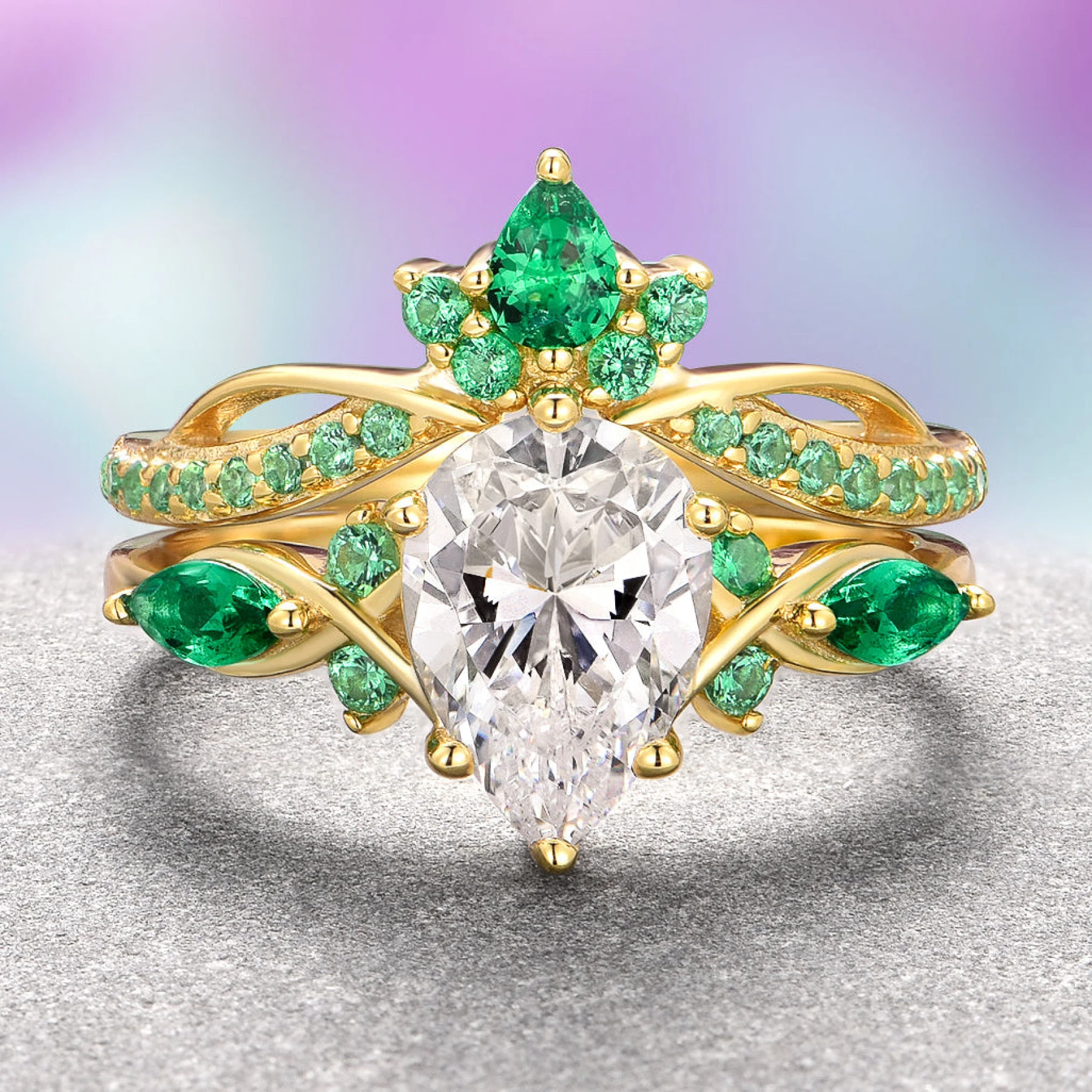 Feyra Emerald & Moissanite Engagement Ring Set in 14K Solid Yellow Gold
