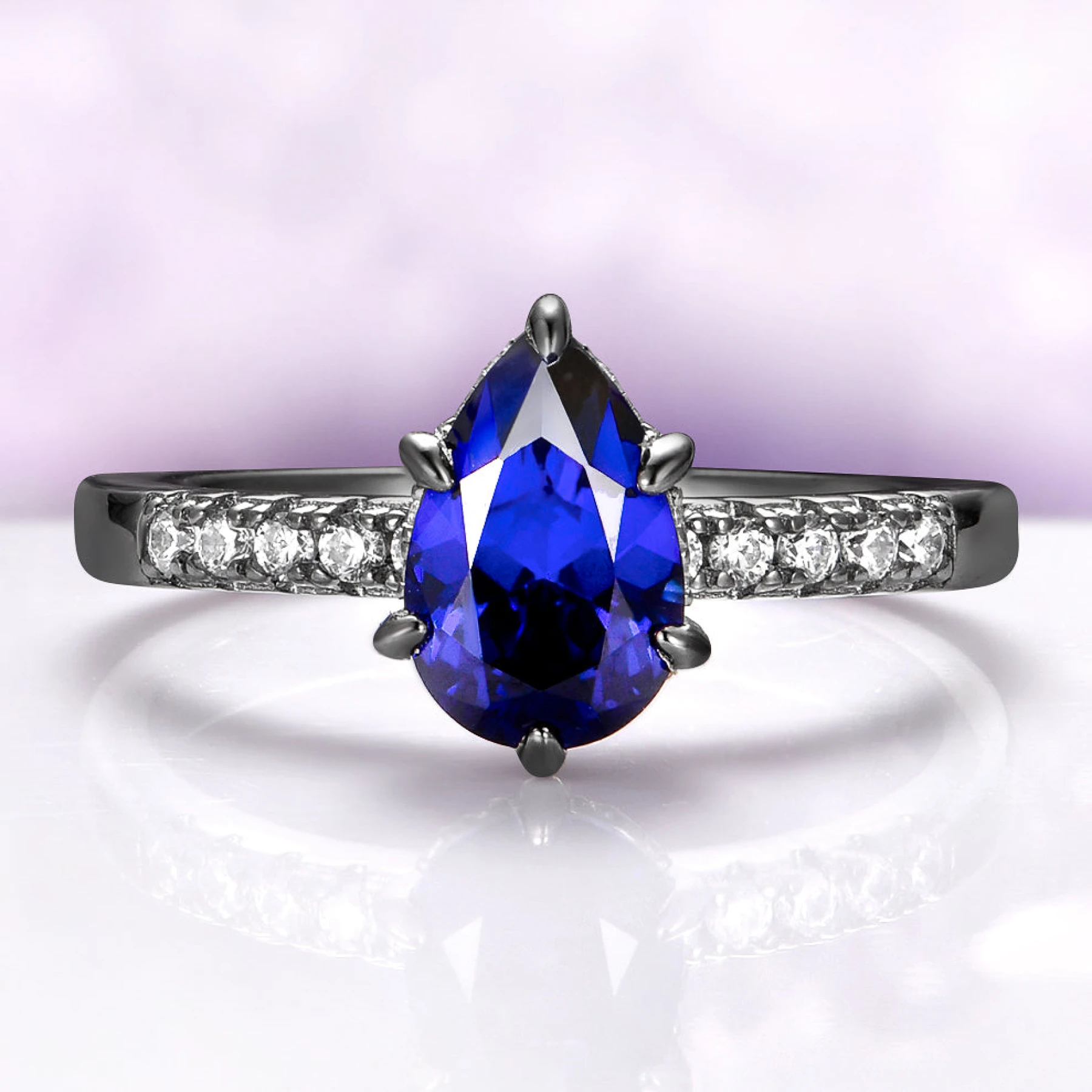 Teardrop Blue Sapphire Engagement Ring in Black Ruthenium (Hidden Halo)