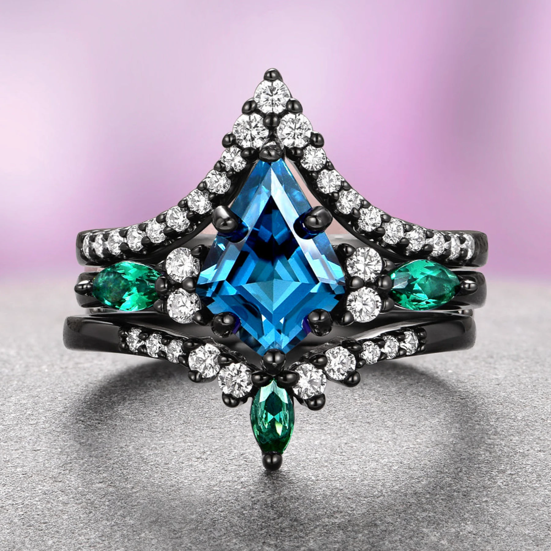 Skye Kite® London Blue Topaz & Emerald Ring Set in Black Ruthenium