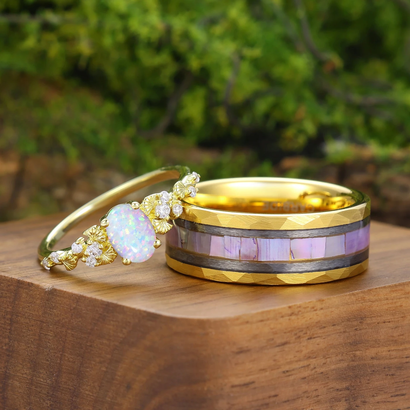 Pink White Ginkgo Leaves Shape Couple Rings Unique Matching Rings
