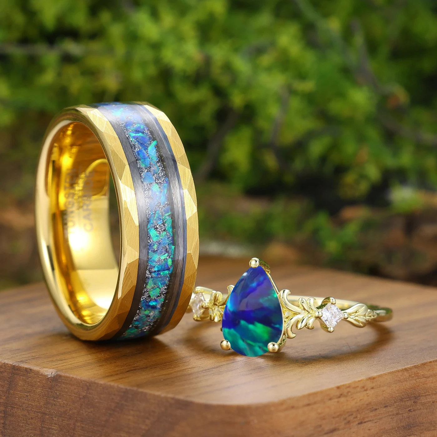 2pcs Peacock Green Opal Couple Rings Yellow Gold Nature Inspired