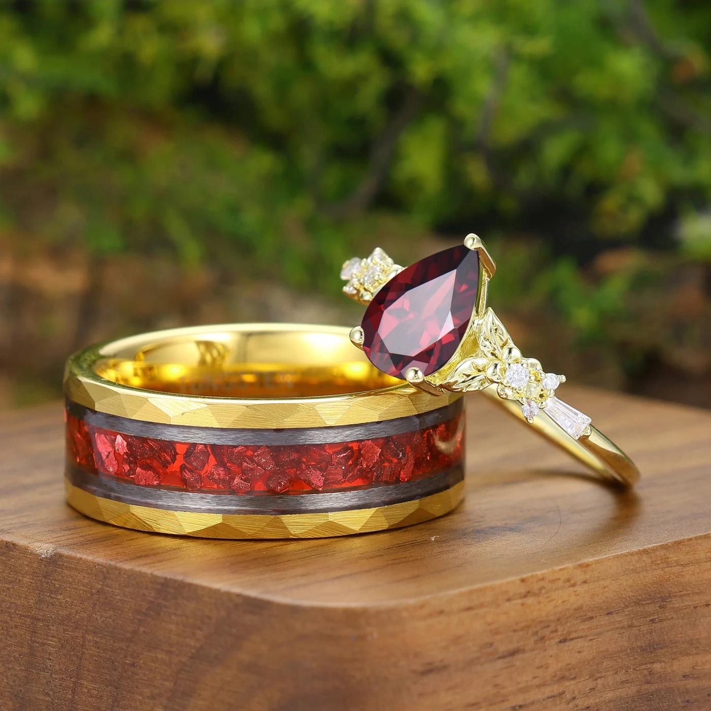 Natural Red Garnet Flower and Leaf Motif Engagement Couple Rings Matching Ring Set - view 2