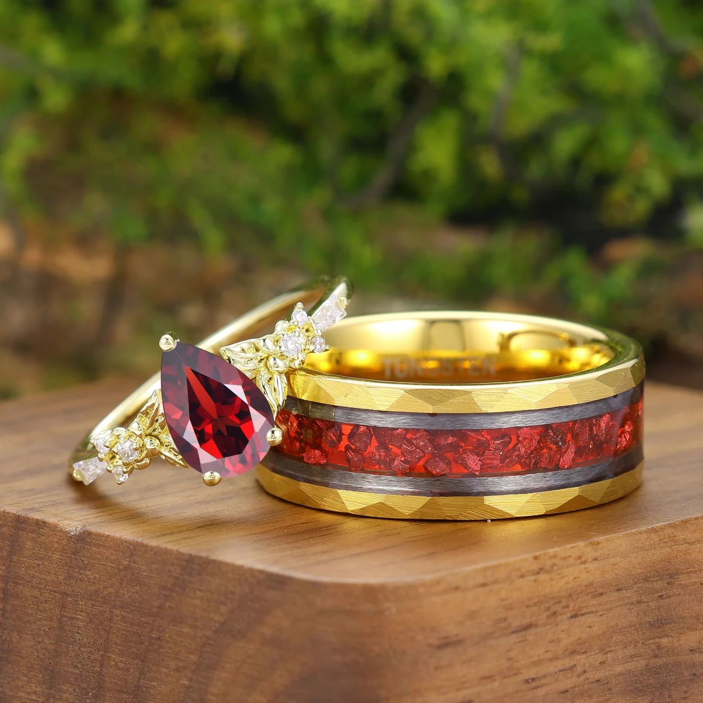 Natural Red Garnet Flower and Leaf Motif Engagement Couple Rings Matching Ring Set - view 3