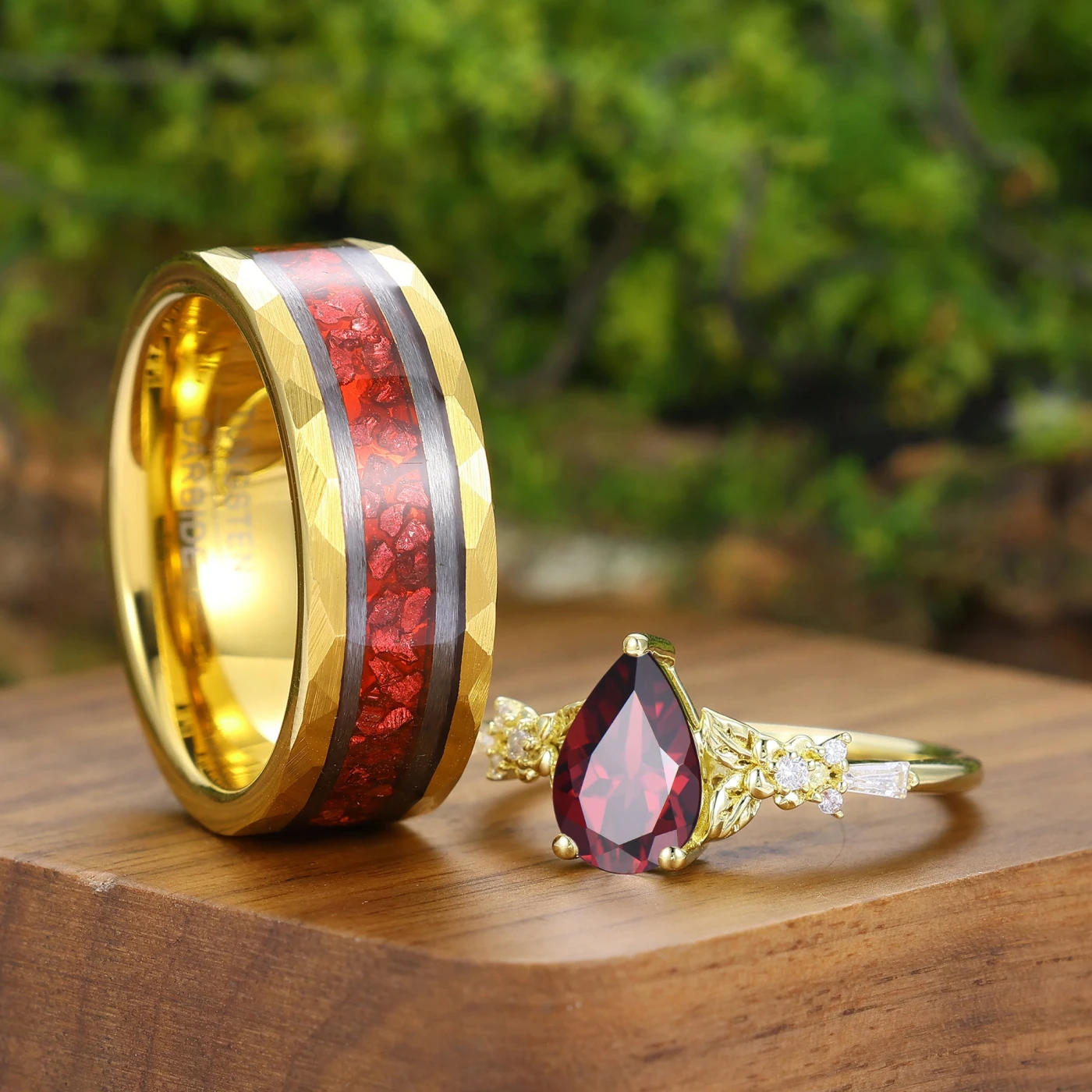 Natural Red Garnet Flower and Leaf Motif Engagement Couple Rings Matching Ring Set