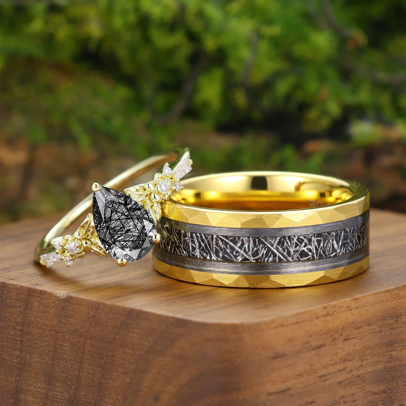 Natural Black Rutilated Quartz Leaf Design Couple Rings 2pcs Black Matching Ring Set - view 3