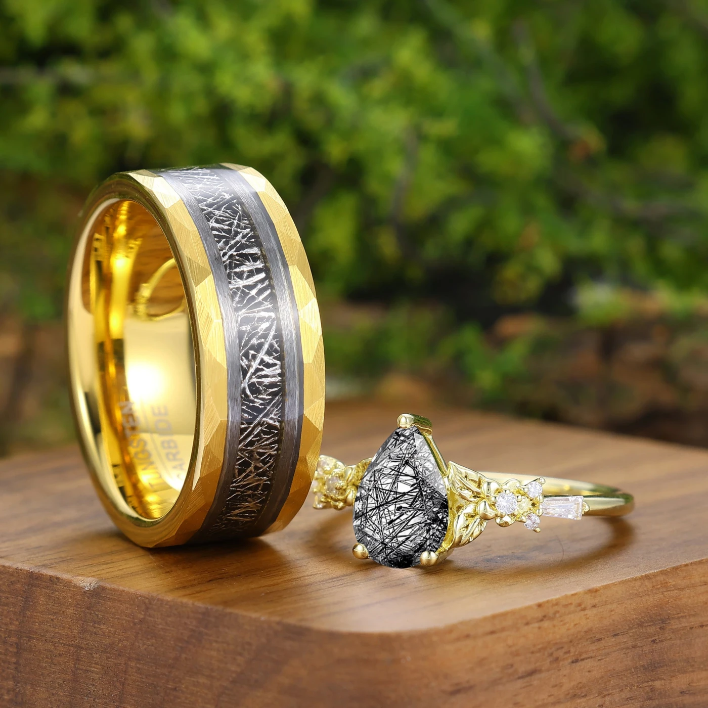 Natural Black Rutilated Quartz Leaf Design Couple Rings 2pcs