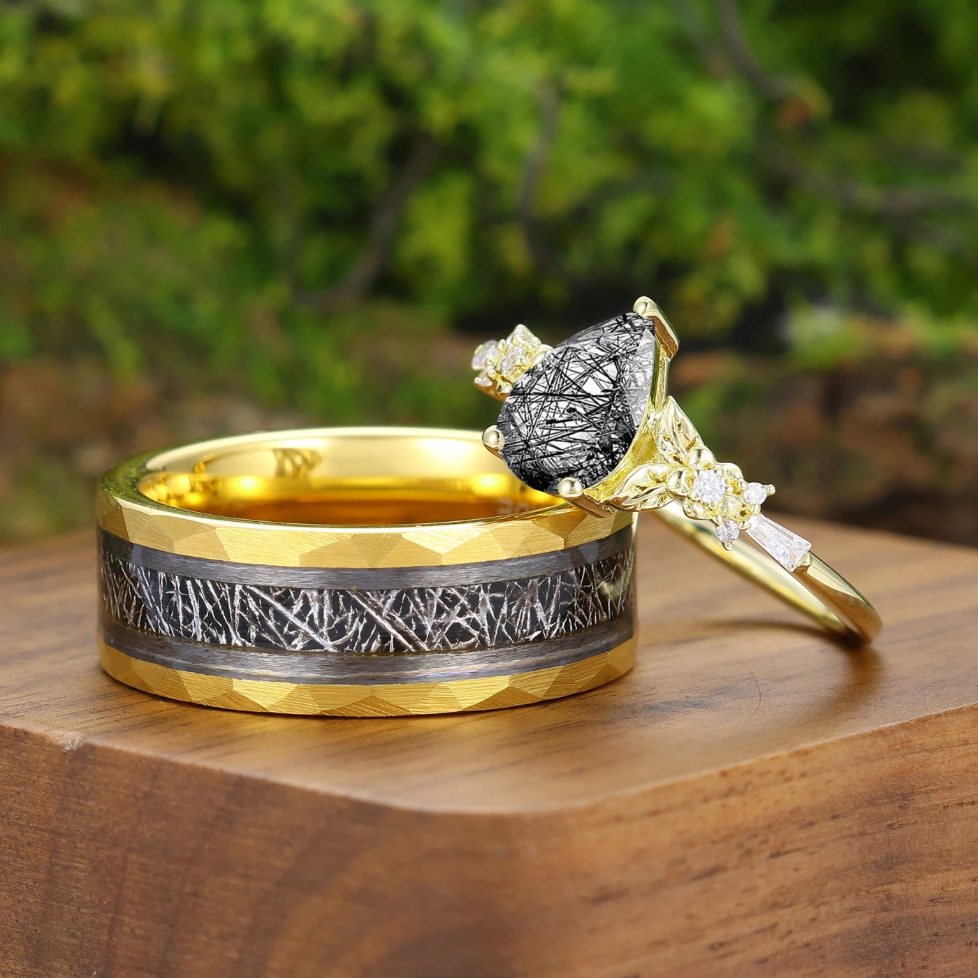 Natural Black Rutilated Quartz Leaf Design Couple Rings 2pcs Black Matching Ring Set - view 4