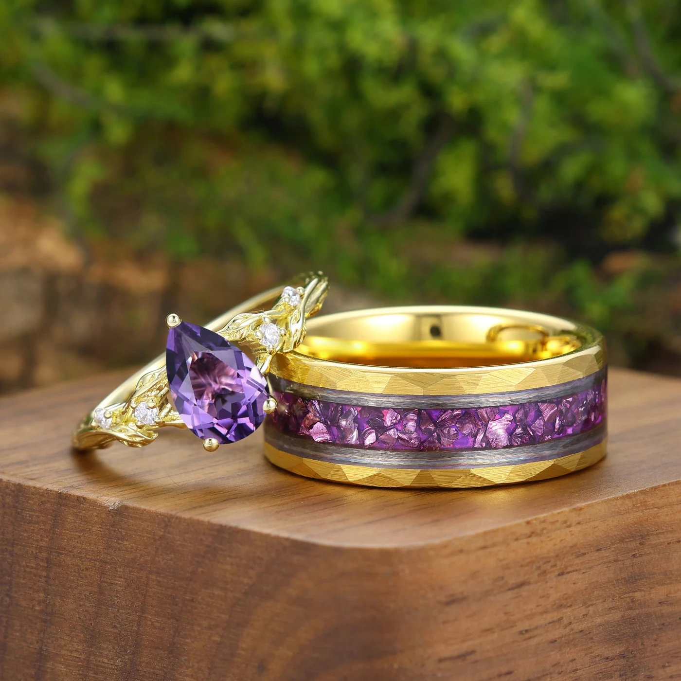 Personalized Amethyst Branch Design Couple Rings Purple Matching
