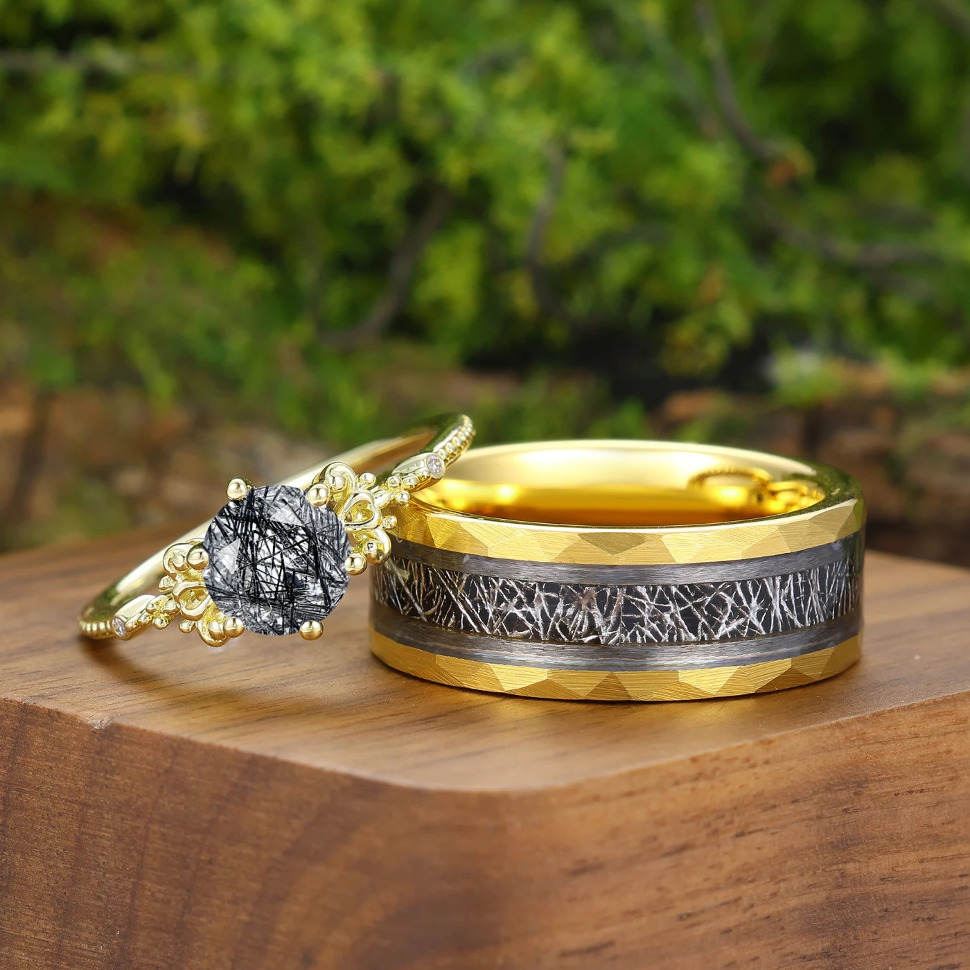 Fascinating Natural Black Rutilated Quartz Milgrained Couple Couple Rings