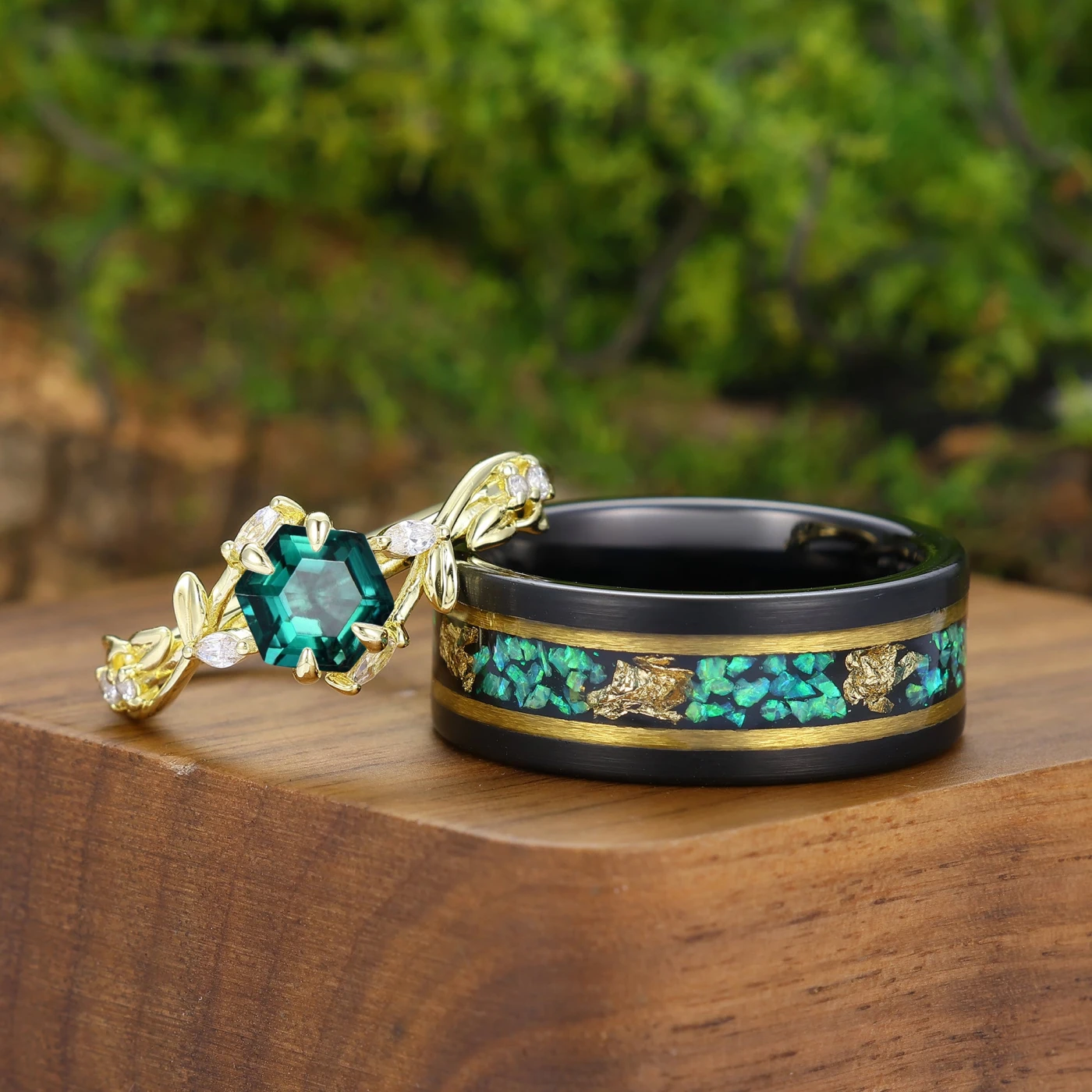 2pcs Leaf Branch Shank Couple Rings Green Mtaching Ring For Men For Women