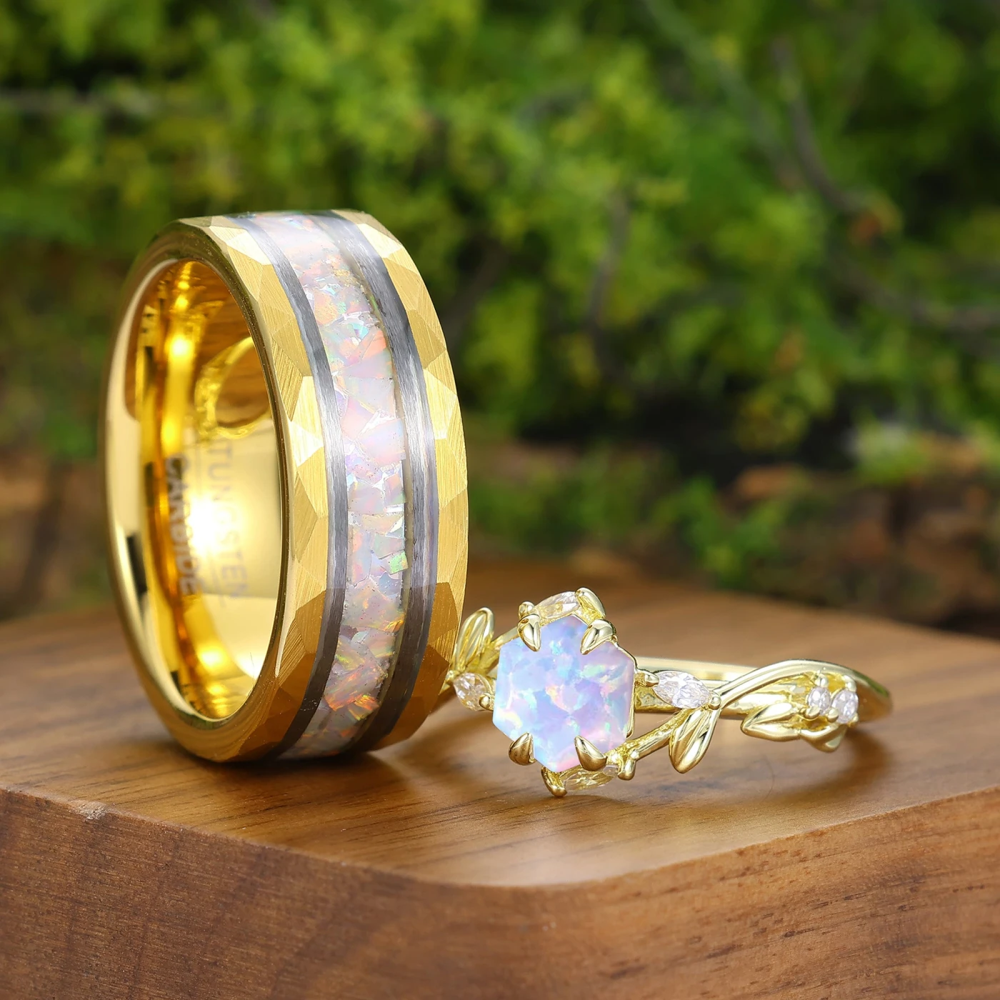 Pink White Opal Leaf Couples Ring Set Promise His And Hers Ring 2pcs Wedding Band