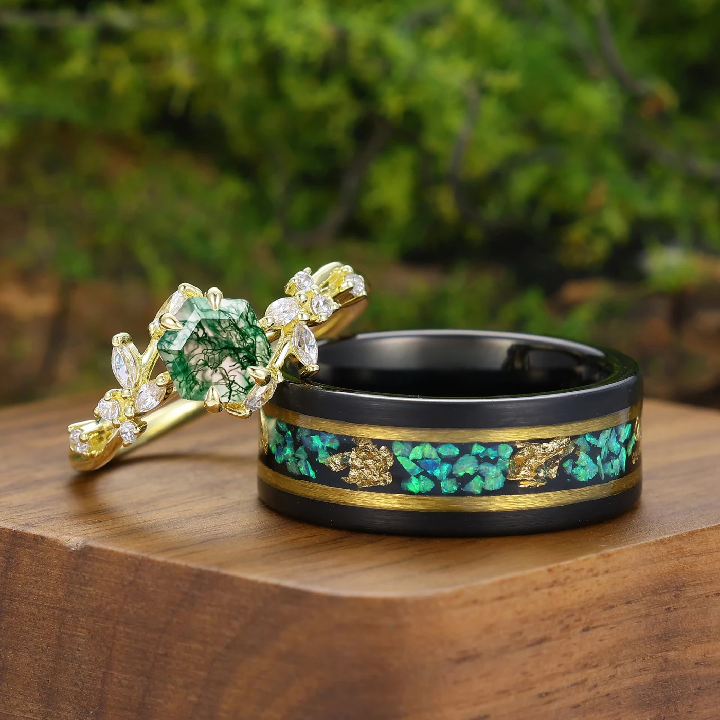 Unique Natural Green Moss Agate Couple Ring 2pcs Leaf Engraved His