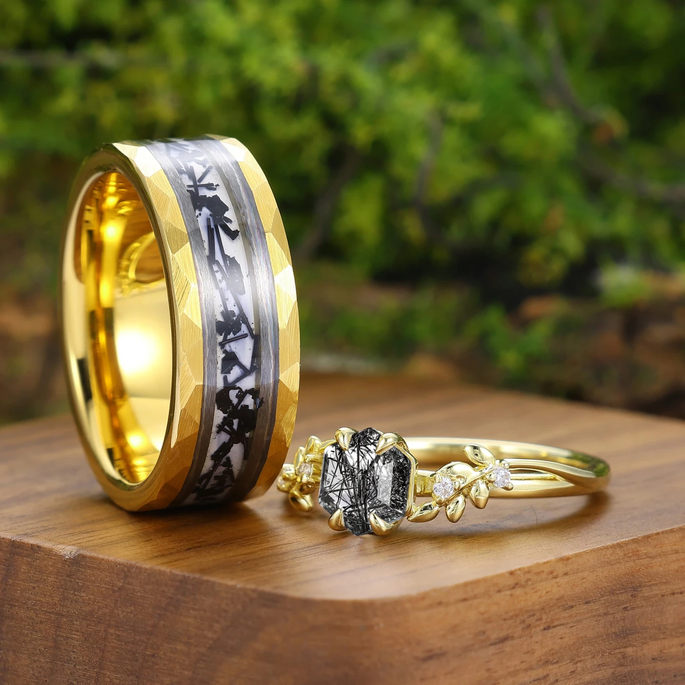 Geometric Hexagon Black Rutilated Quartz Couple Rings Leaf