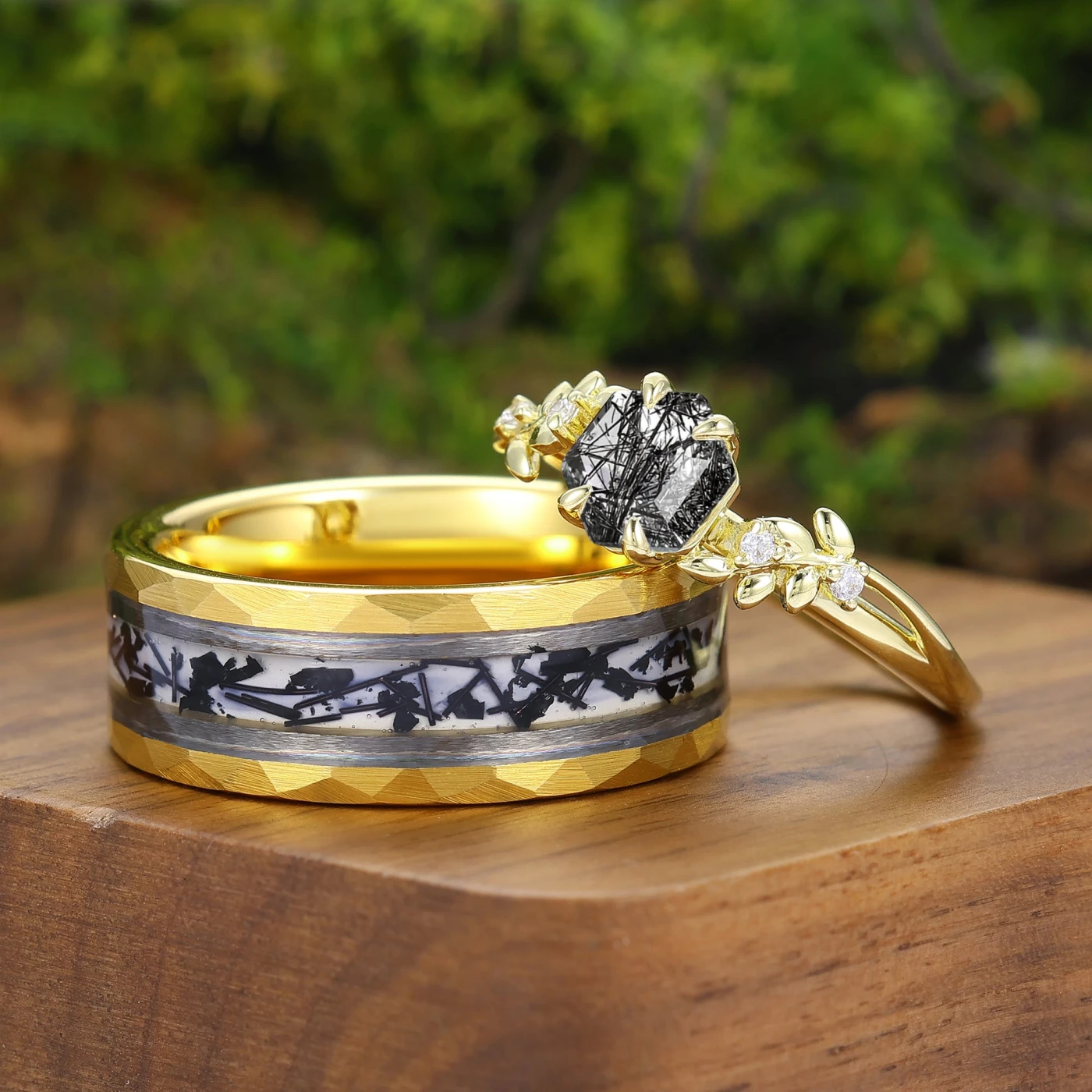 Geometric Hexagon Black Rutilated Quartz Couple Rings Leaf Natural Matching Ring For Men And Women - view 2