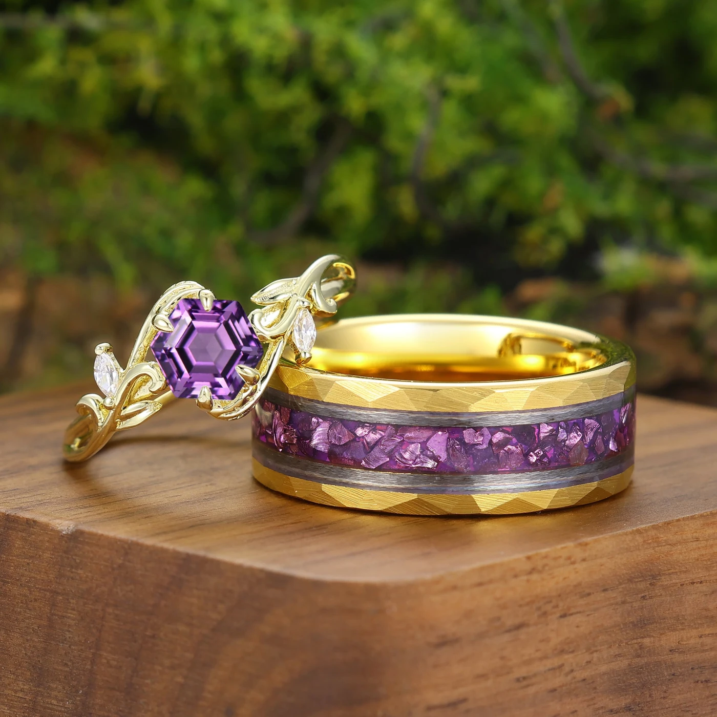 Purple Amethyst Vine Shape Couple Rings Matching 925 Sterling